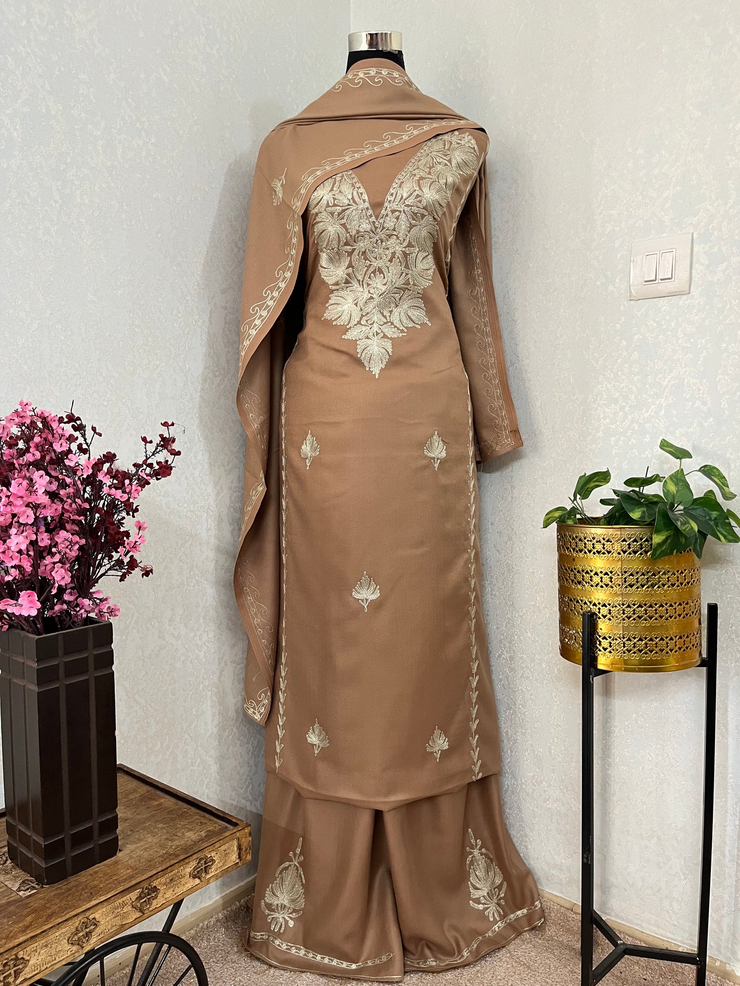 Beige Tilla Embroidered 3pc Suit Stole