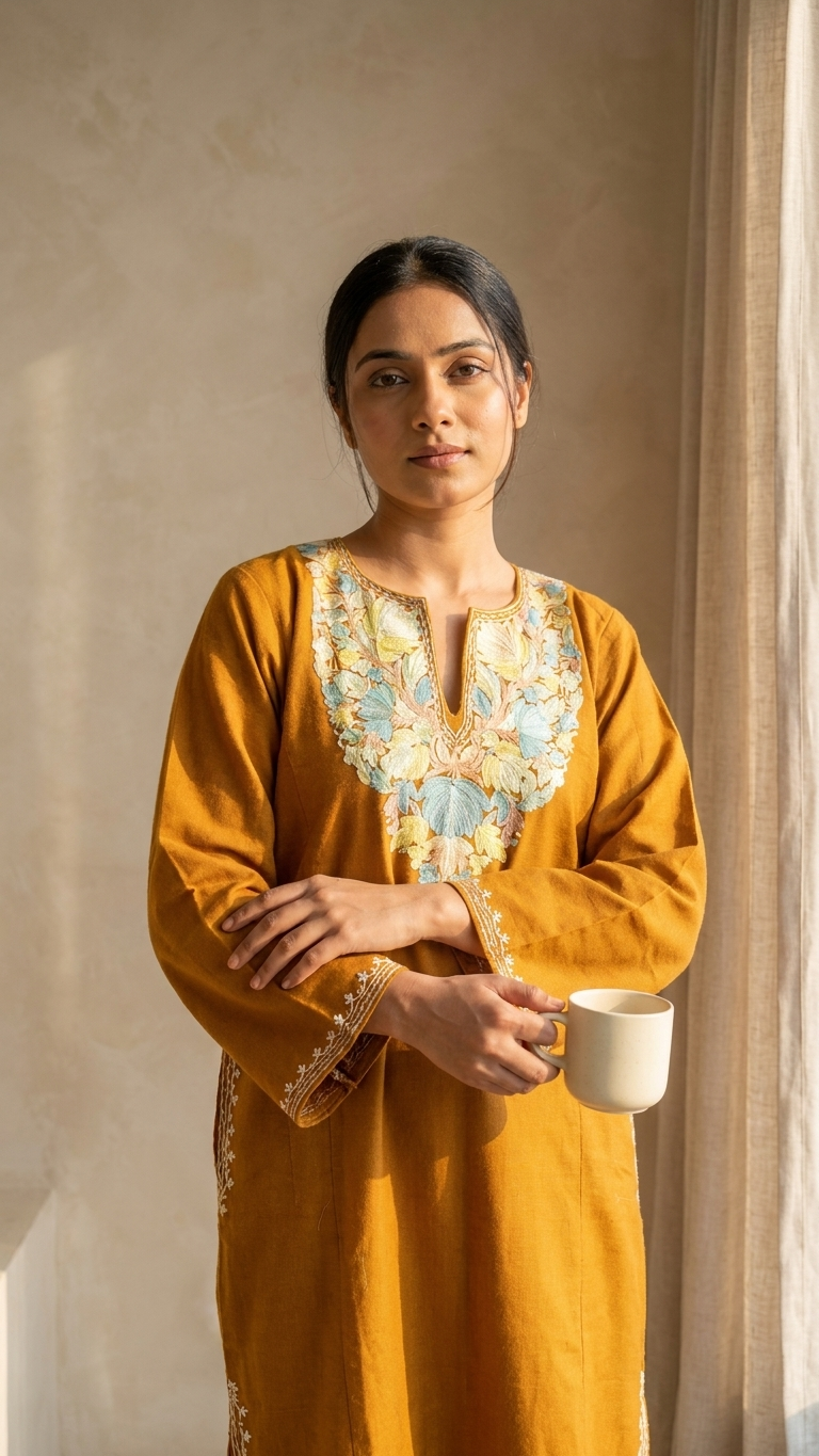 Mustard Yellow Aari Embroidered Wool Pheran