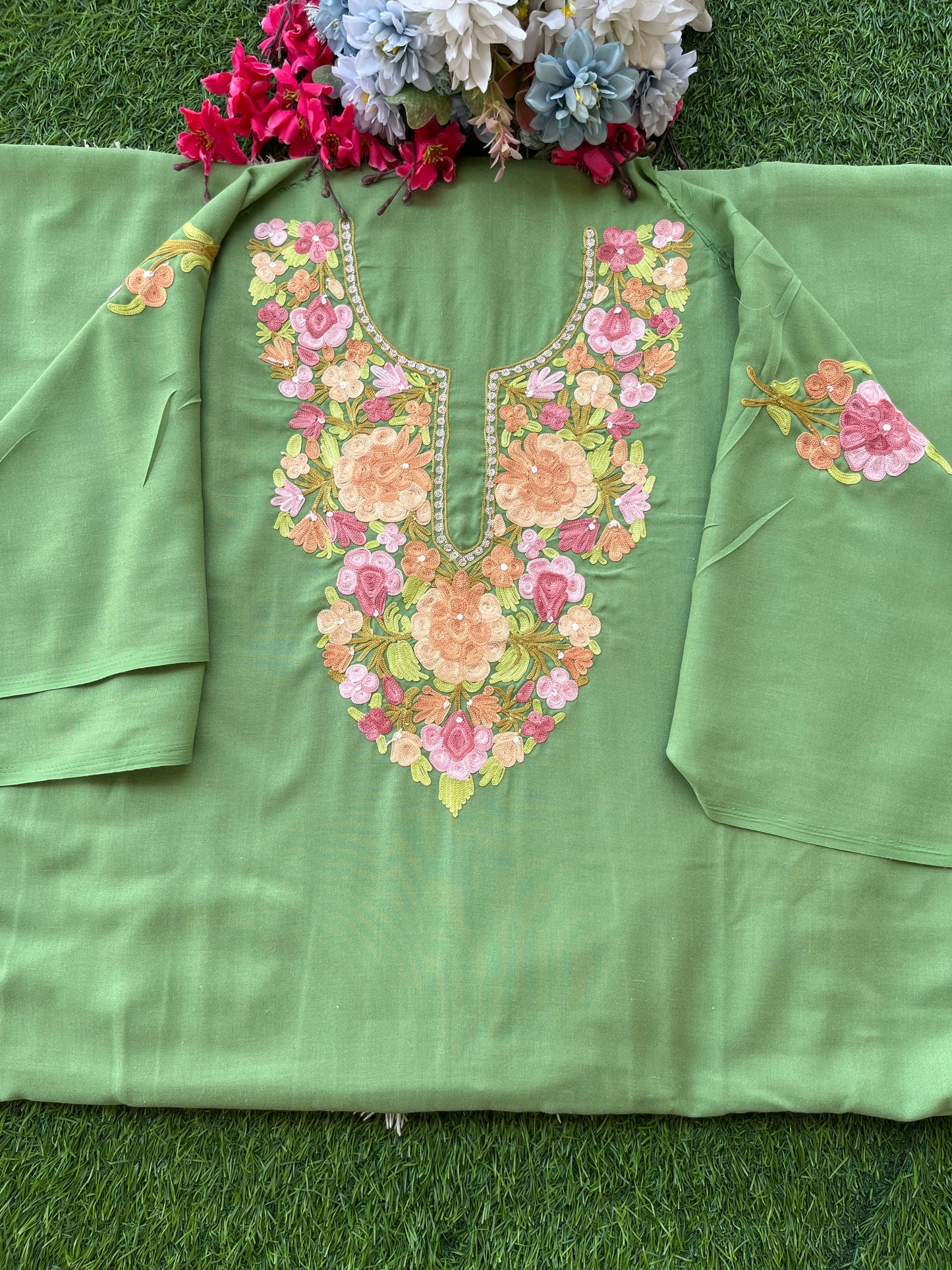 Pastel Green Aari Embroidered Cotton Suit Set