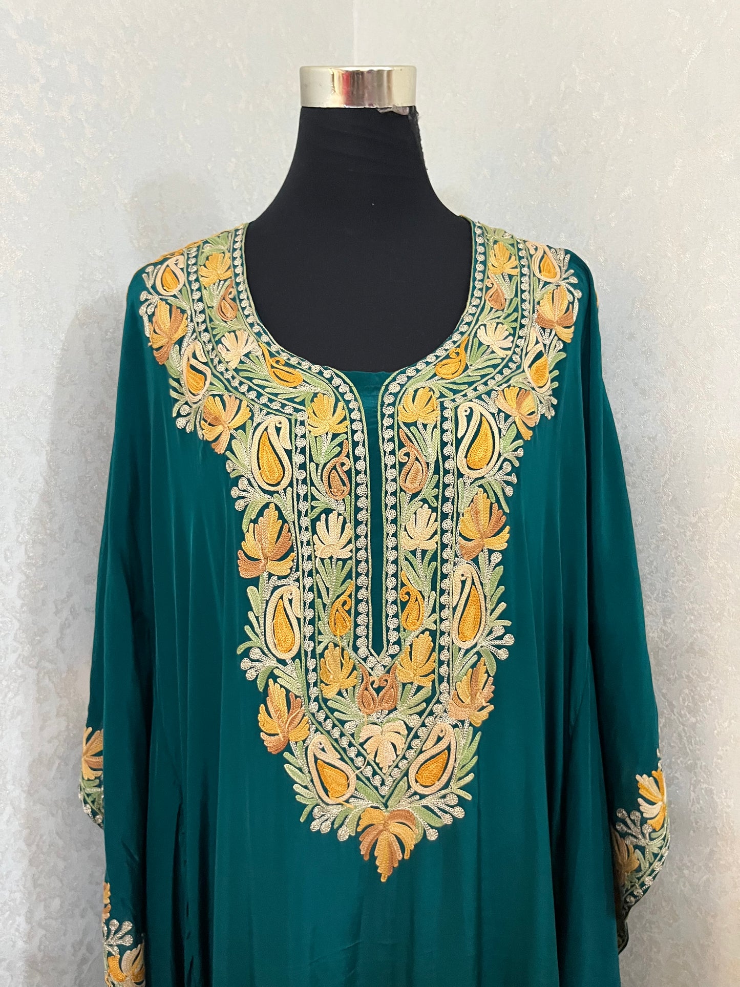 Green Pure Crape Kashmiri Kaftan