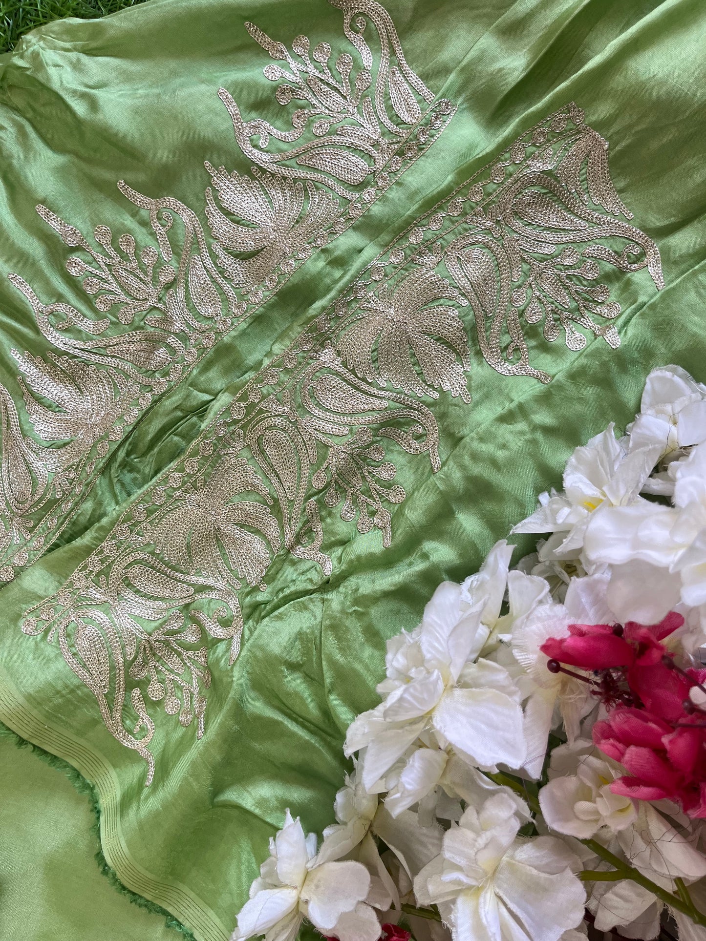 Sanam Pista Green Silk Kashmiri Suit