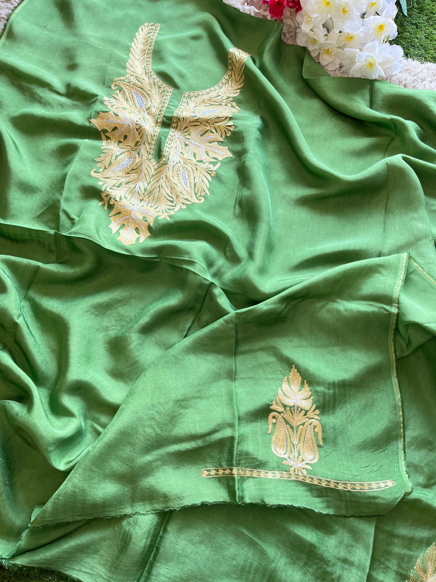 ‘Kalaa’ Lawn Green Opada Silk Tilla Embroidered Suit material (on Order)