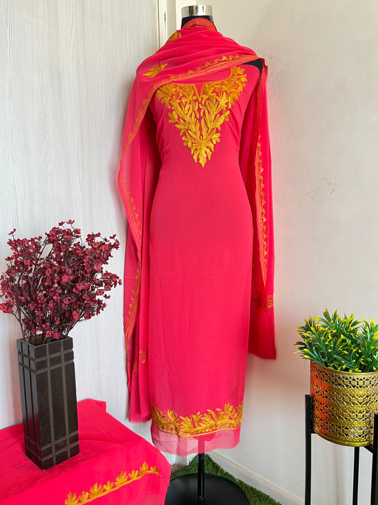 Georgette Pink 3 Pc Aari Embroidered Suit Set