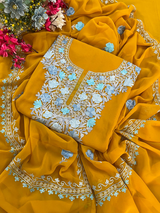 Mustard Georgette 3 Pc Aari Embroidered Suit Set