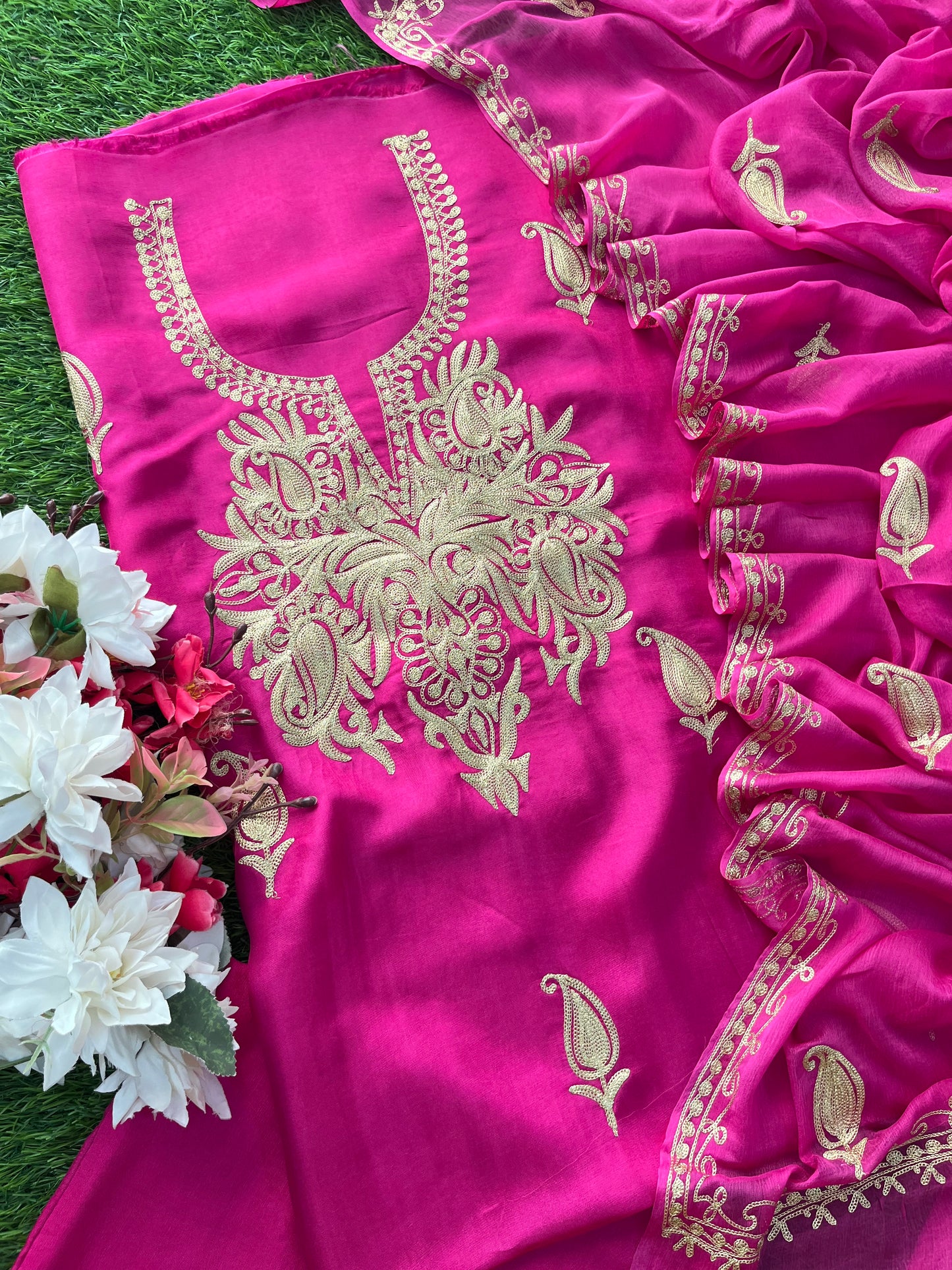 Hot Pink Silk Tilla Kashmiri Suit