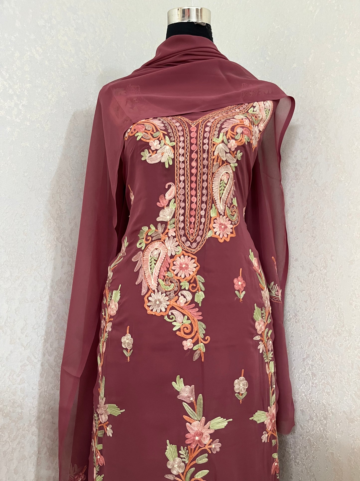 Onion Pink Georgette 3 Pc Kashmiri Suit