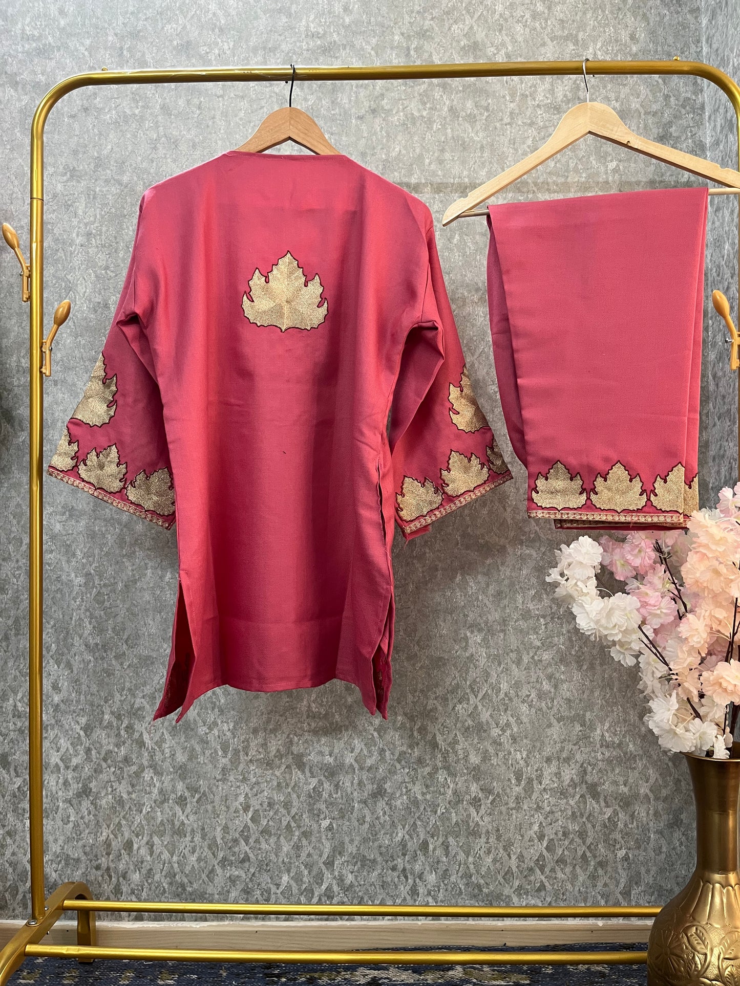 Candy Pink Woollen Kashmiri Co-Ord Set ( Size 42)