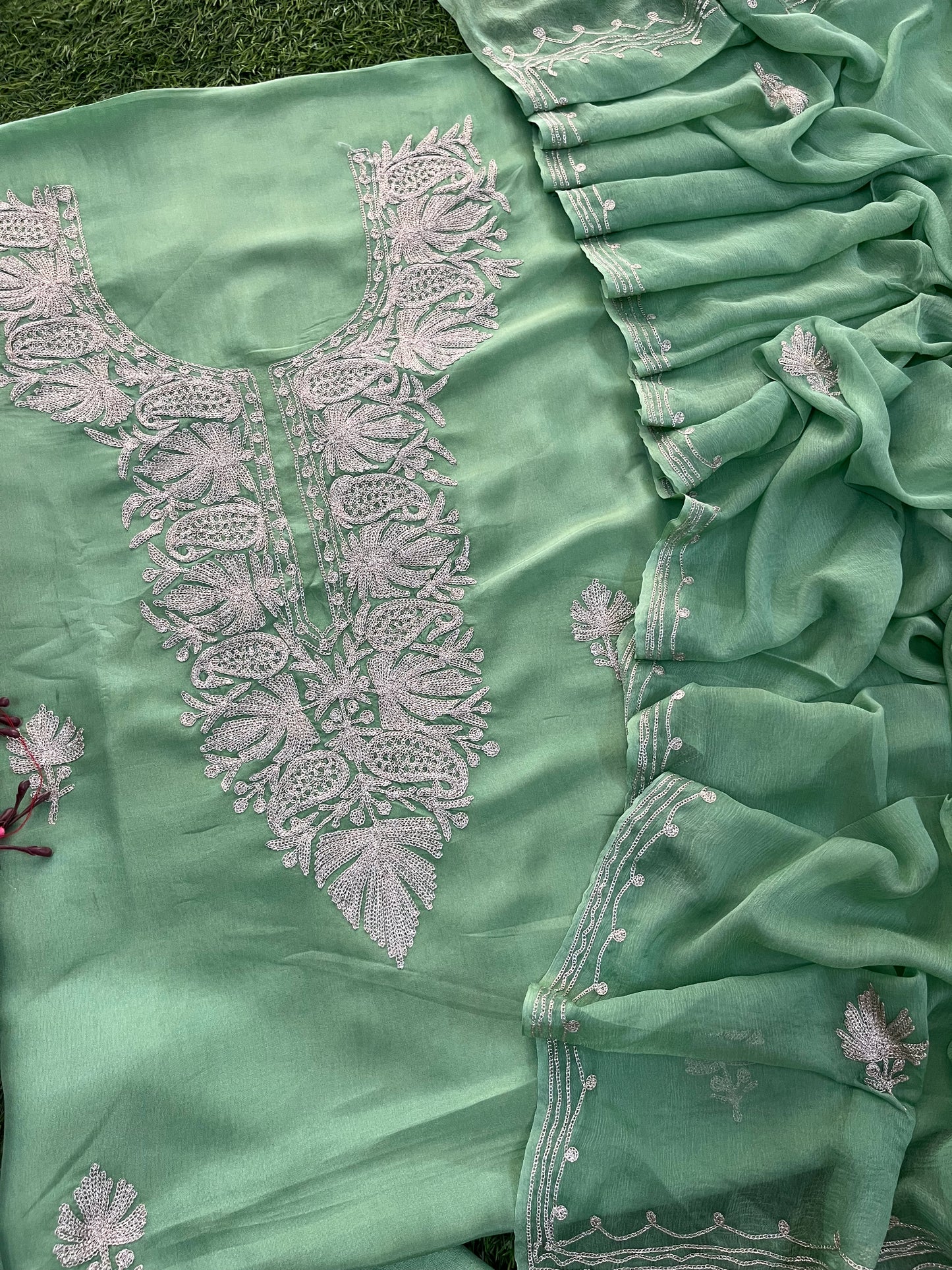 Pestel Green Silk Tilla Kashmiri Suit