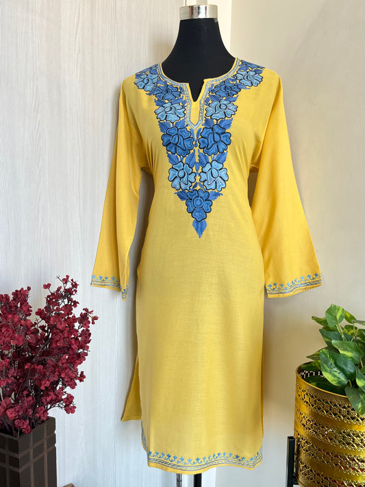 Yellow Cotton Aari Work Kurti (Free Size up to Bust 46inches )