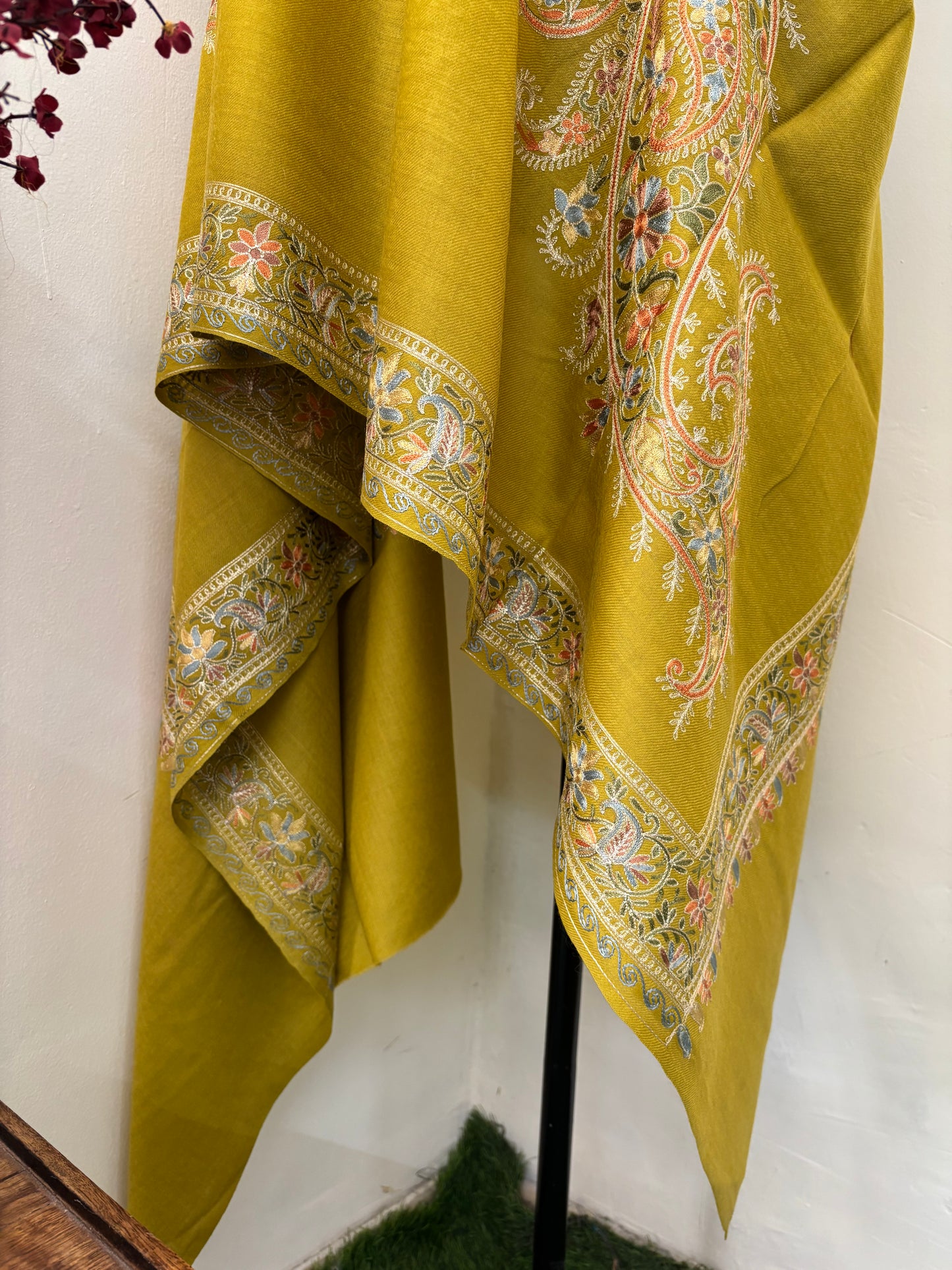 Lime Green Silk Thread Ambi Aangan Embroidered Fine Semi Pashmina stole