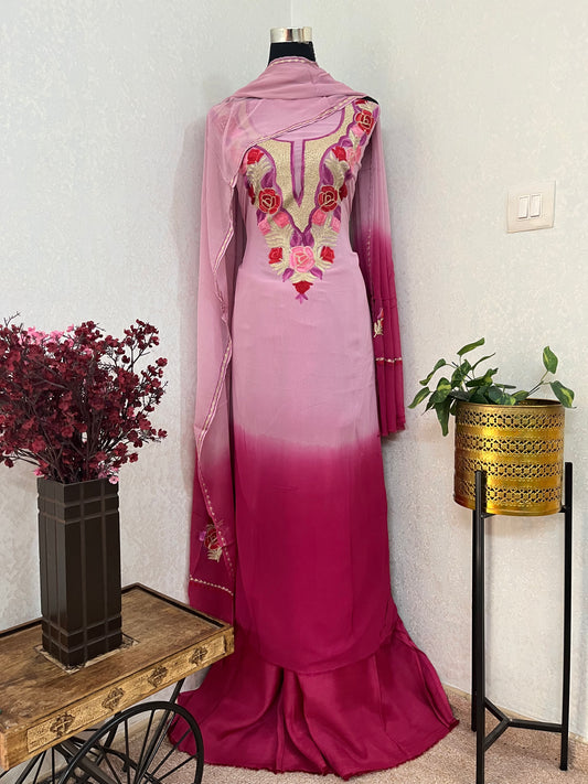 Baby Pink Pure Georgette Double Shade Kashmiri Suit