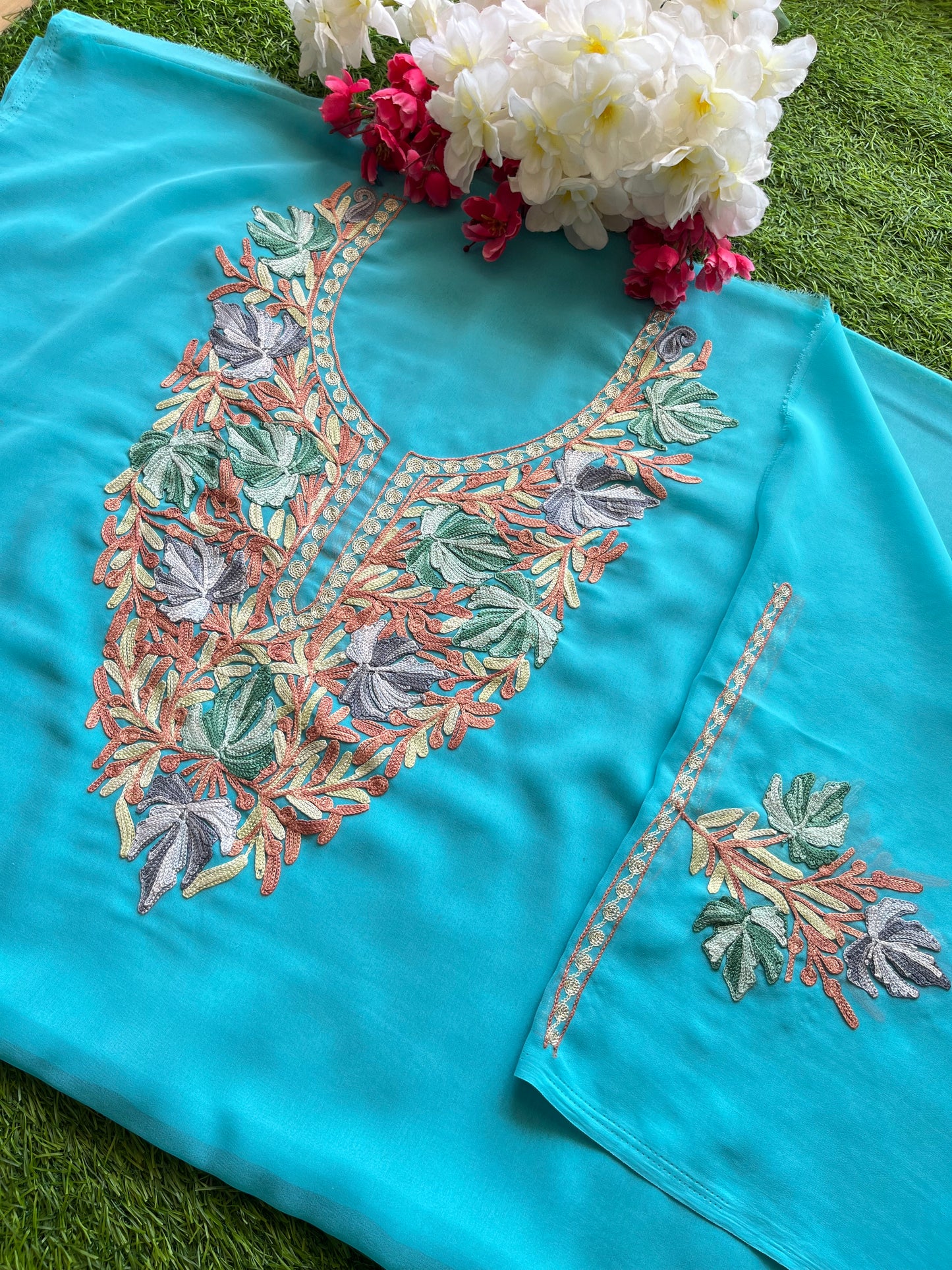 Firozi Blue Georgette Aari Embroidered Unstitched Kurta Material