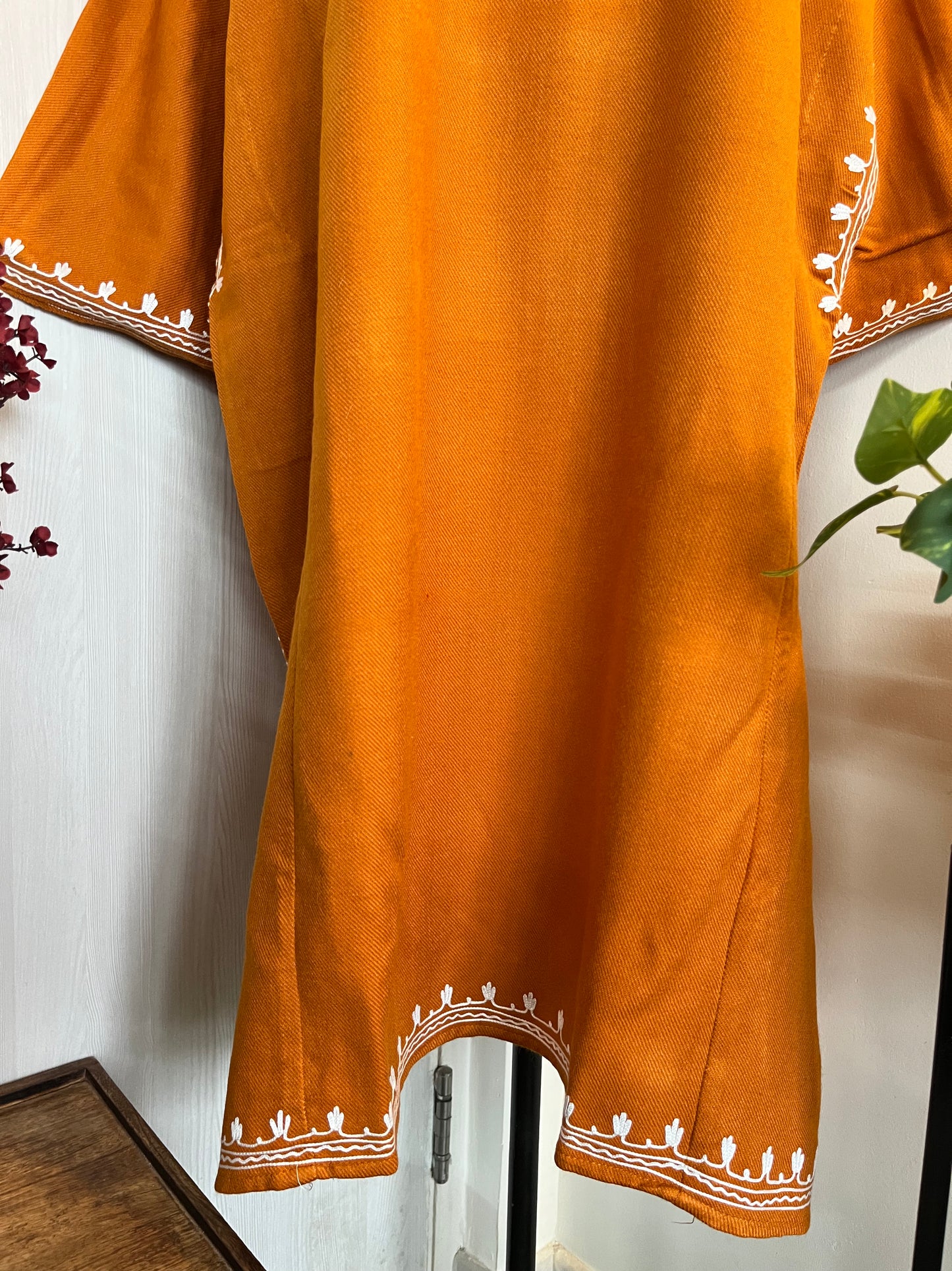 Orange Aari Embroidered Cashmilon Pheran