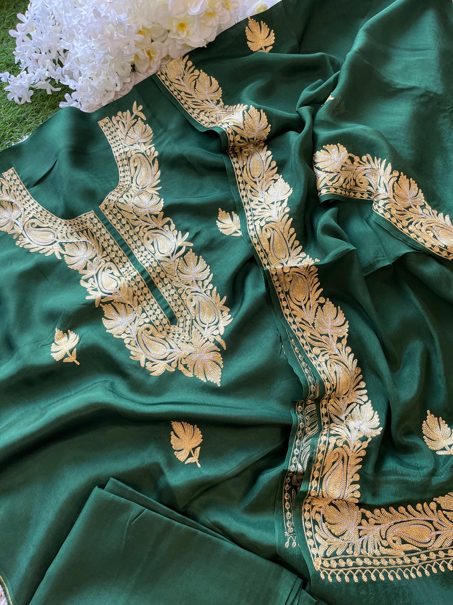 ‘Kalaa’ Forest Green Opada Silk Tilla Embroidered Suit material (on order)