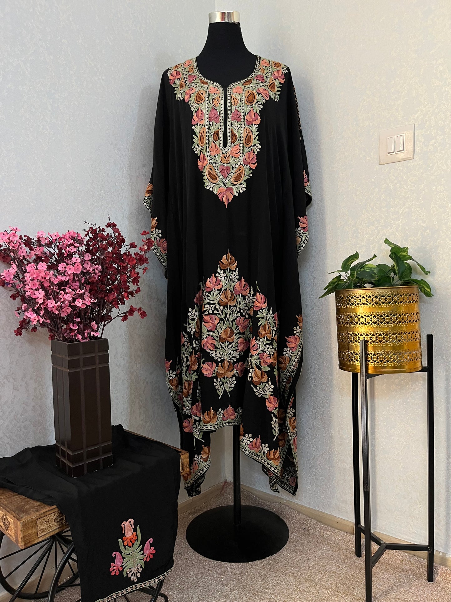 Black Pure Crape Kashmiri Kaftan