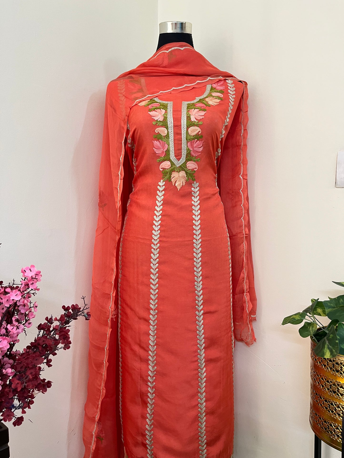 Sanam’ Orange Silk Aari Embroidered Suit material