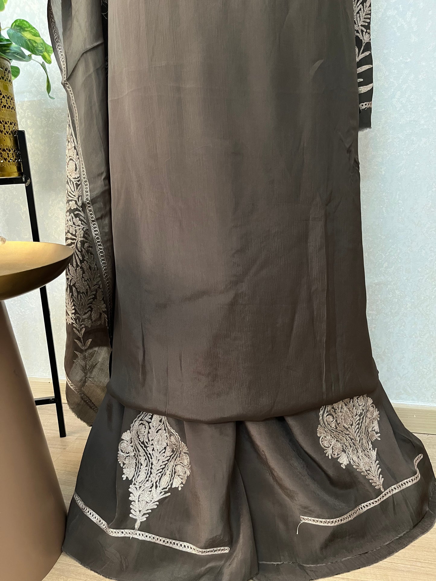 Luxury Pure Chinon Oxidised Tilla Embroidered Kashmiri Suit