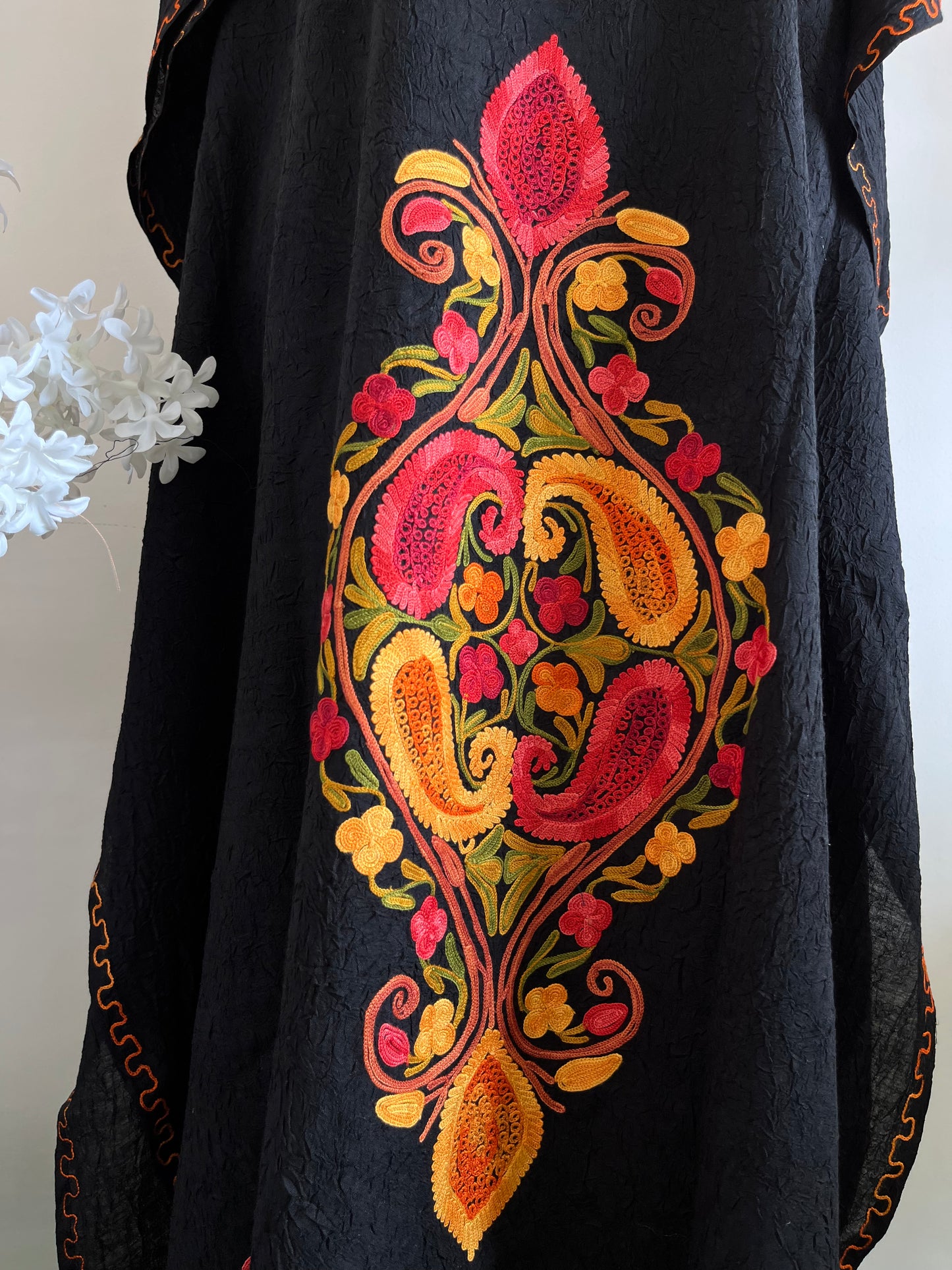 Long Crush Cotton Black Aari embroidered Kaftan