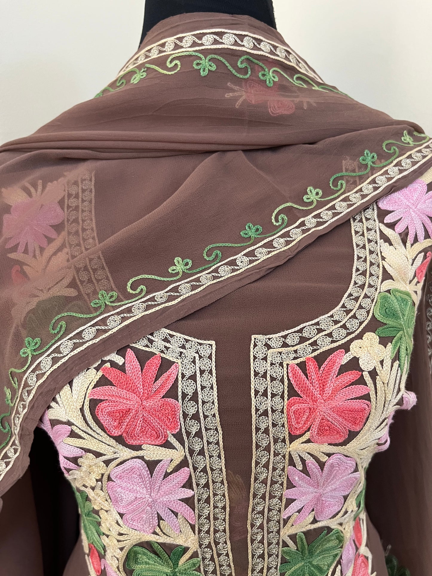Coffee Brown Georgette 3 Pc Aari Embroidered Suit Set