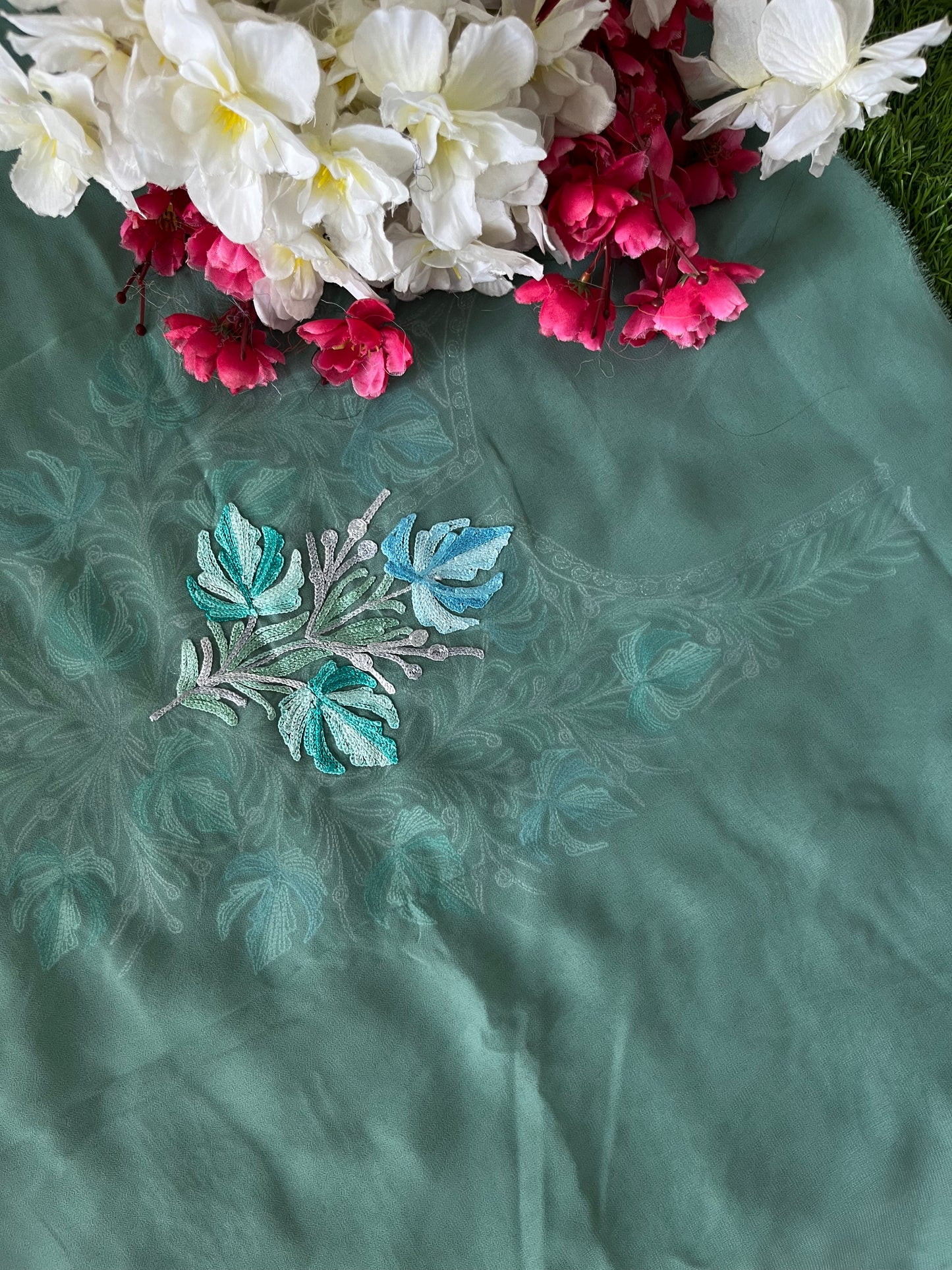 Green Georgette Shirt and Dupatta Aari Embroidered Suit