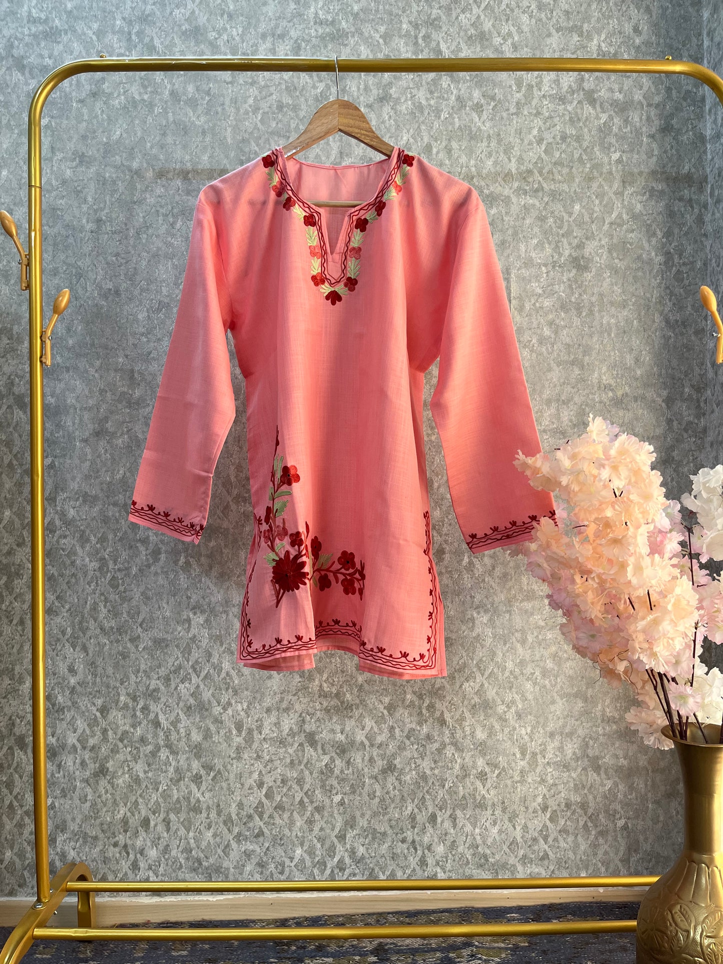 Peach Pink Cotton Aari Work Kurta