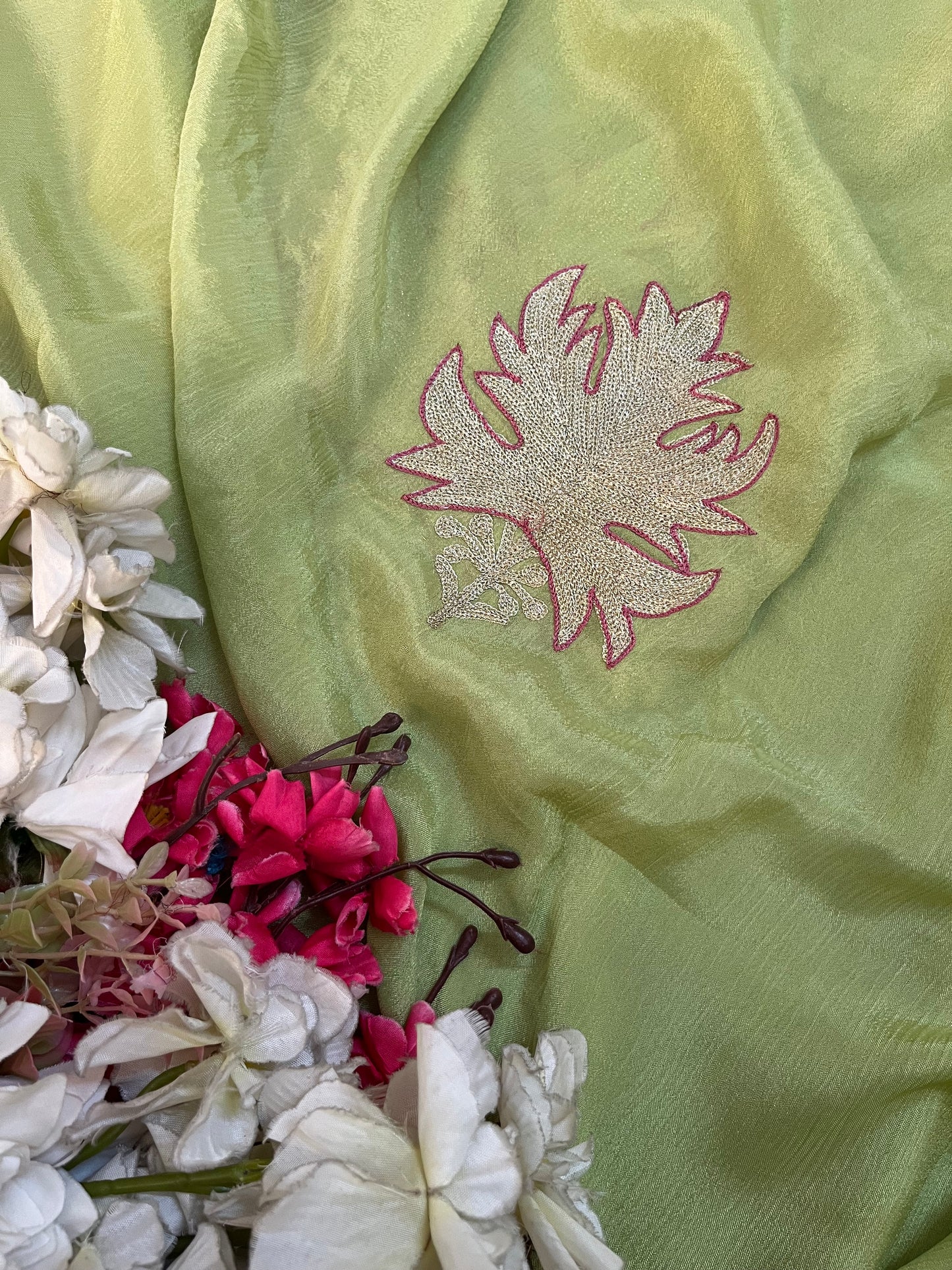 Lime Green Chinon 3 Pc Aari Embroidered Suit