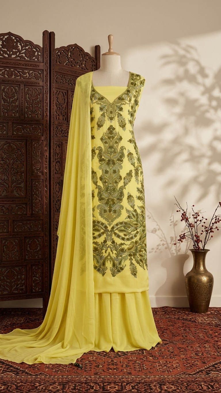 Yellow Satin Cotton Kashmiri Suit