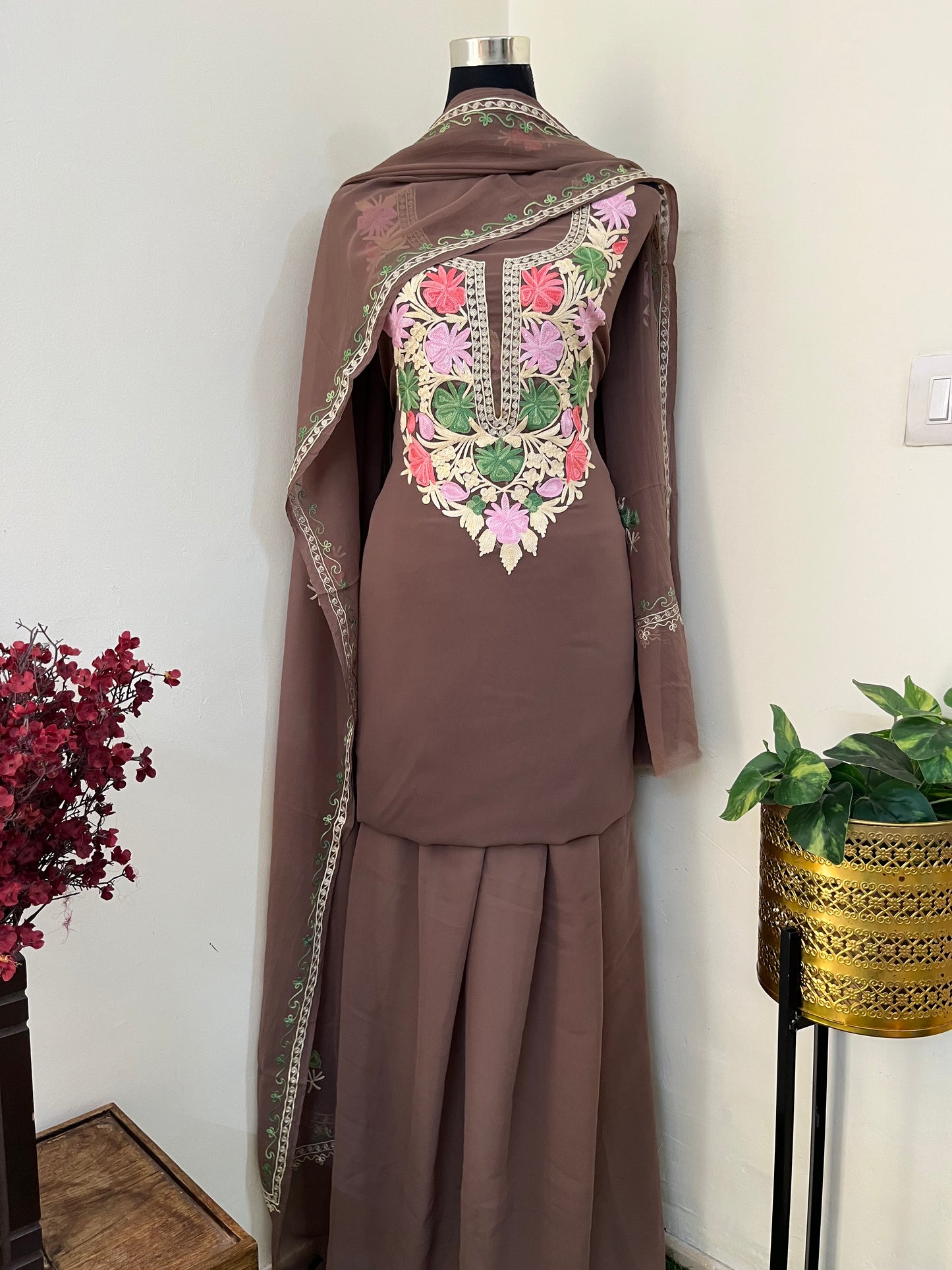 Coffee Brown Georgette 3 Pc Aari Embroidered Suit Set