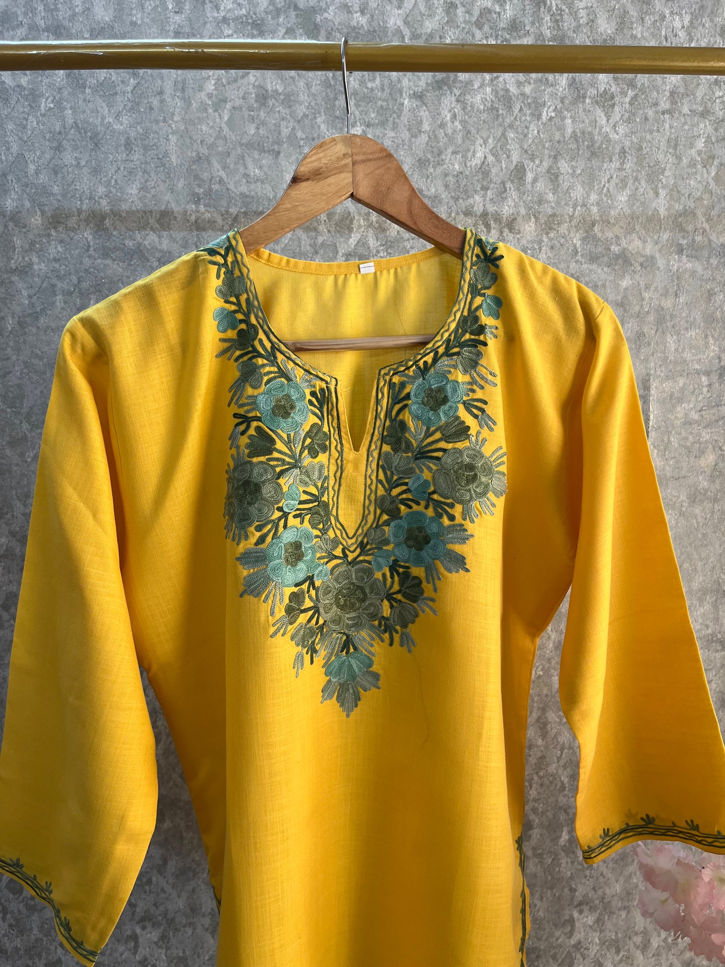 Yellow Cotton Aari Work Kurta
