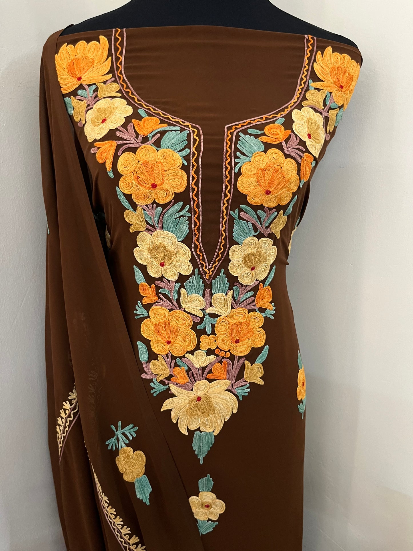 Coffee Georgette  3 Pc Aari Embroidered Suit