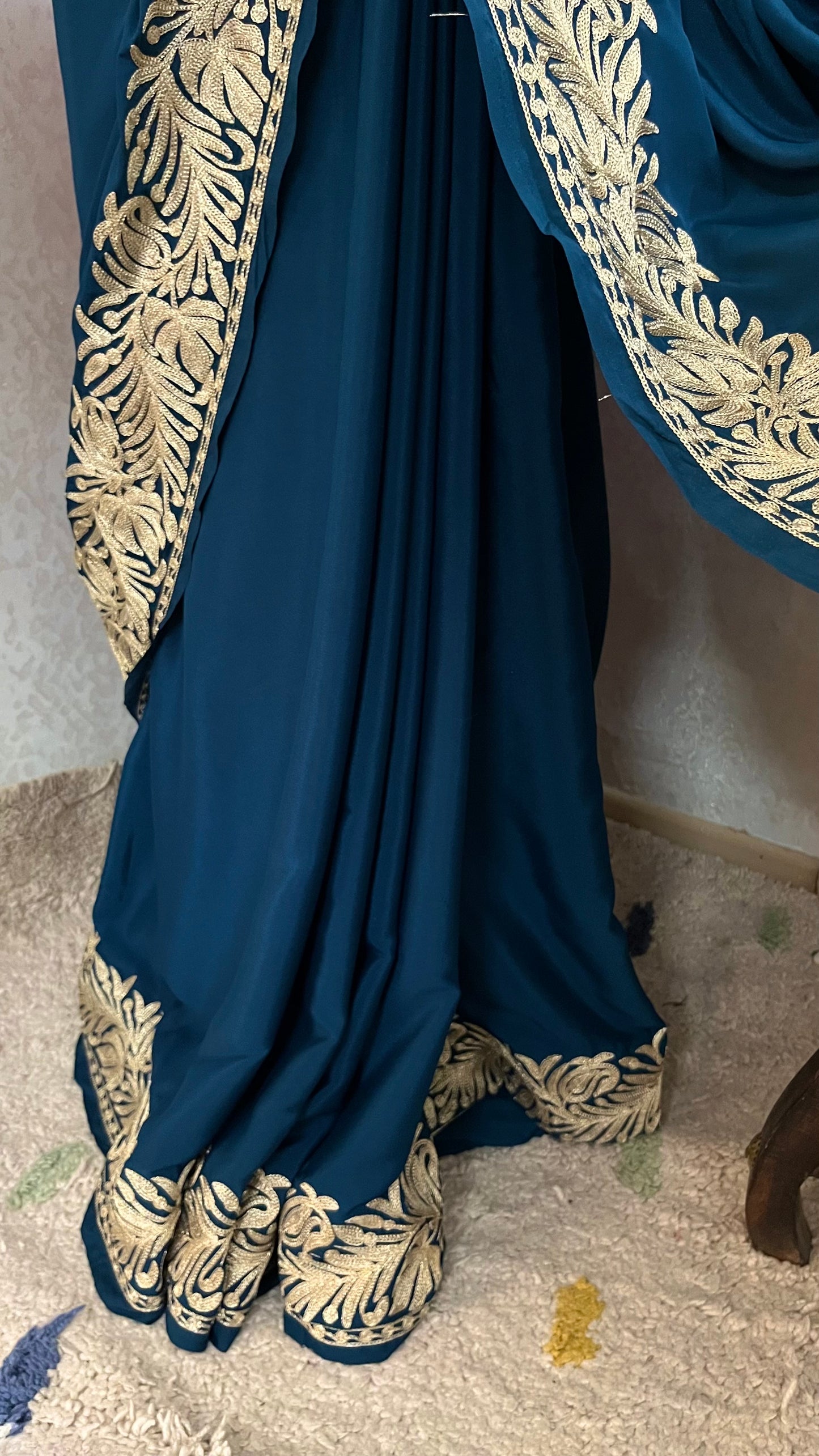 Teal Blue Crape Kashmiri Tilla Saree
