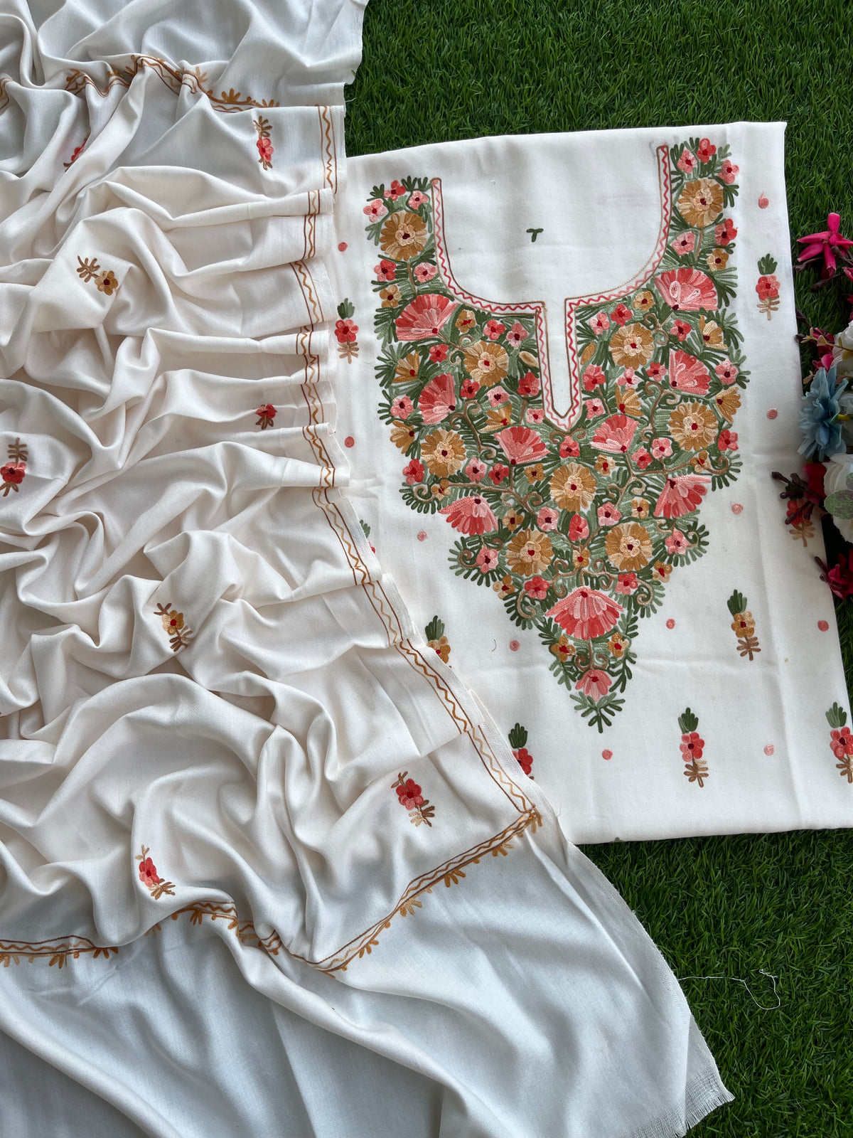 Off White Woollen Aari Embroidered 3pc suit