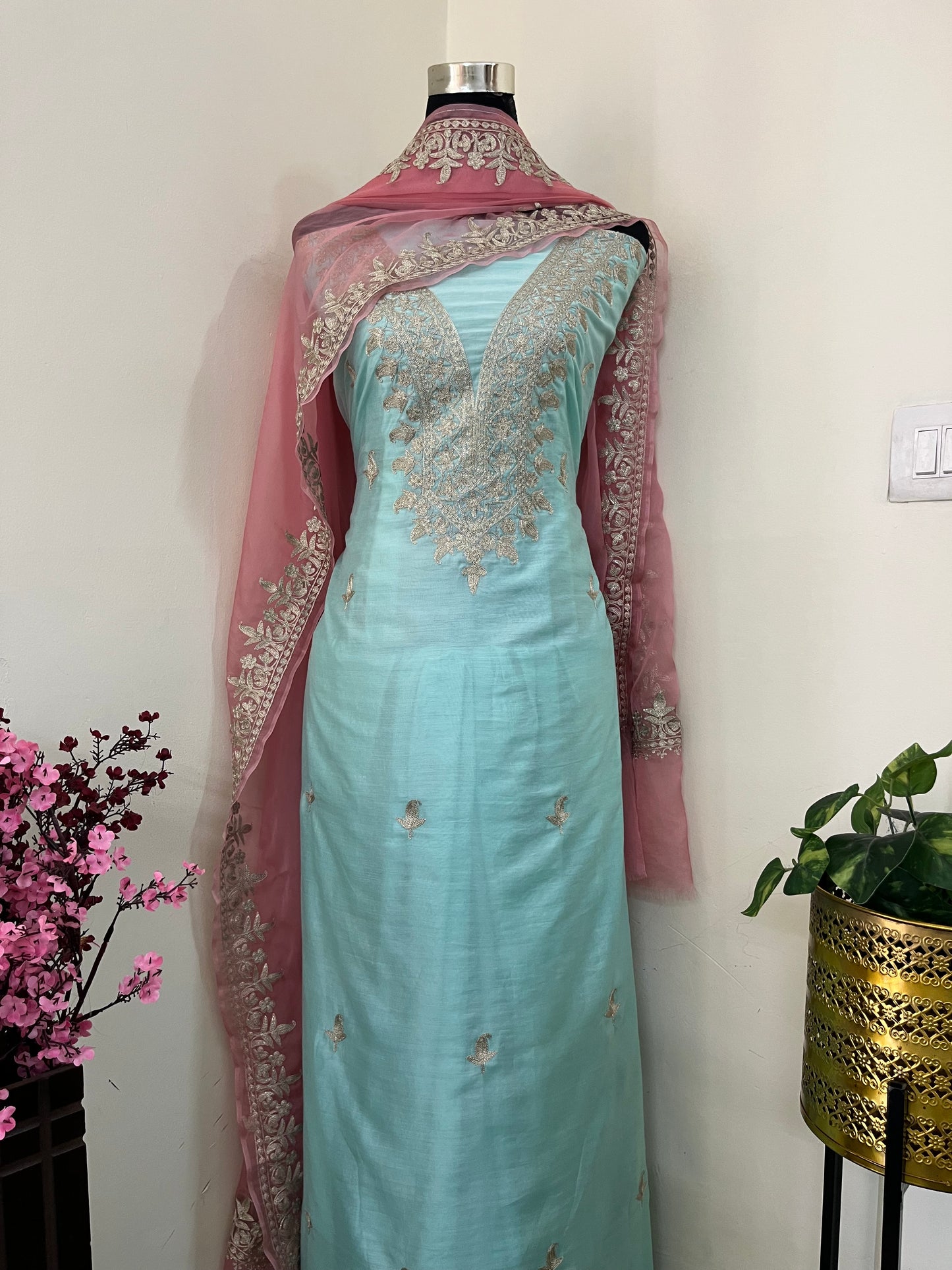 Sky Blue Chanderi Silk Kashmiri Suit