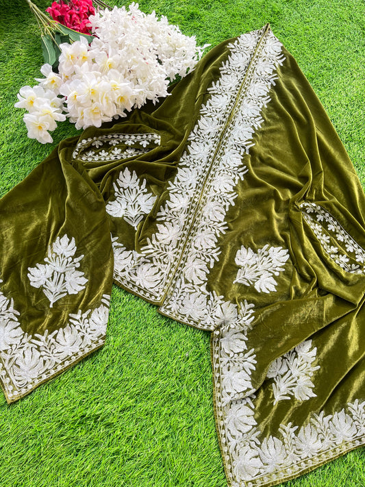 Henna Green Tilla Embroidered Velvet Cape