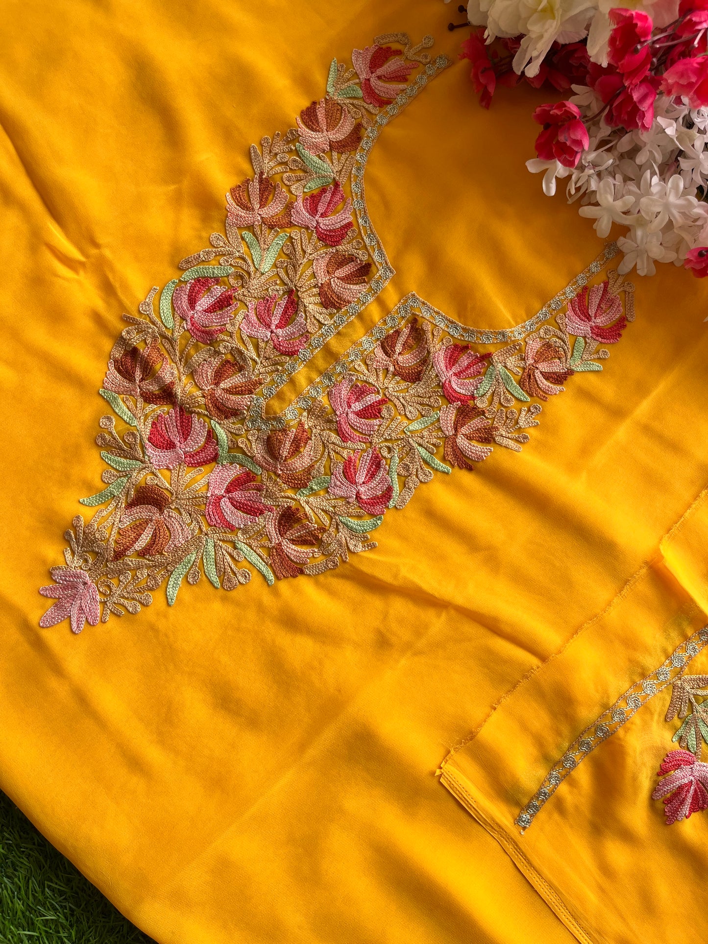 Yellow Georgette Aari Embroidered Unstitched Kurta Material