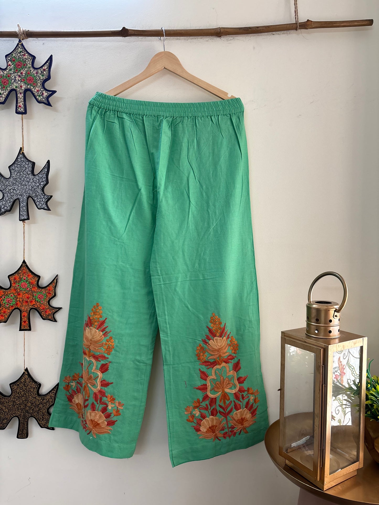 Women Green Solid Cropped Wide Leg Aari Embroidered Palazzos ‘L’