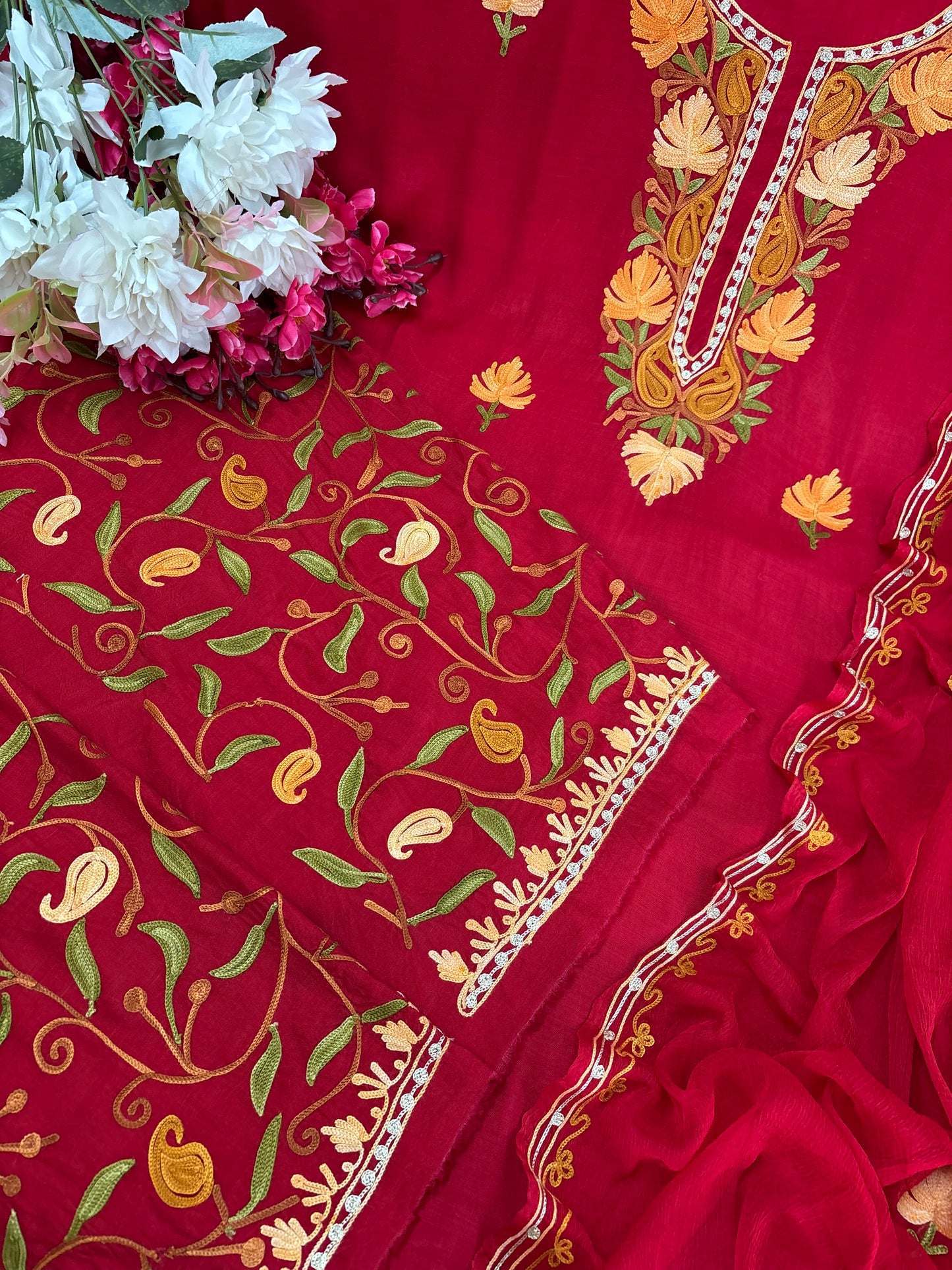 Red Muslin Cotton Jaal Sleeves Kashmiri 3pc Suit