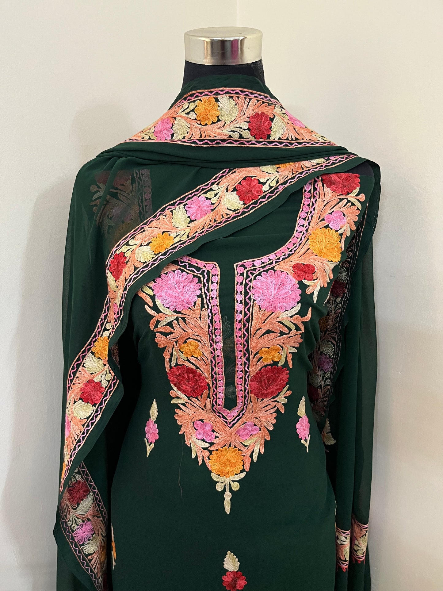 Bottle Green Georgette 3 Pc Aari Embroidered Suit Set