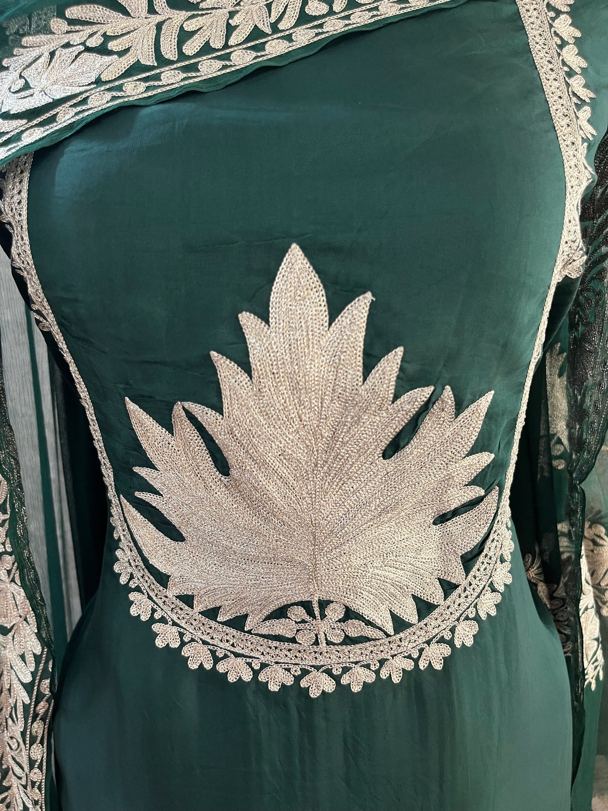 Bottle Green Sanam’ Tilla Kashmiri Silk Suit