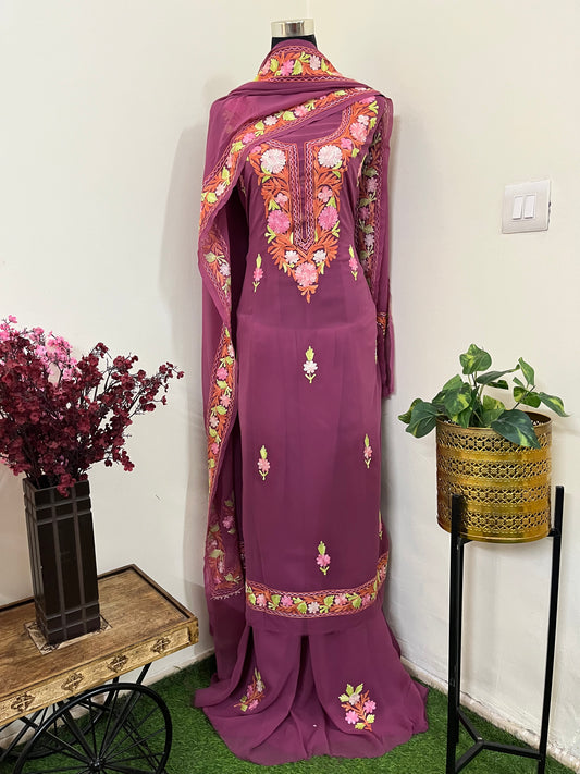 Mauve Georgette 3 Pc Aari Embroidered Suit Set