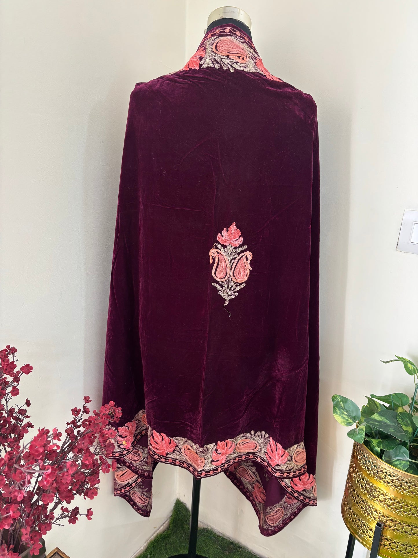 Wine Aari Embroidered Velvet Cape