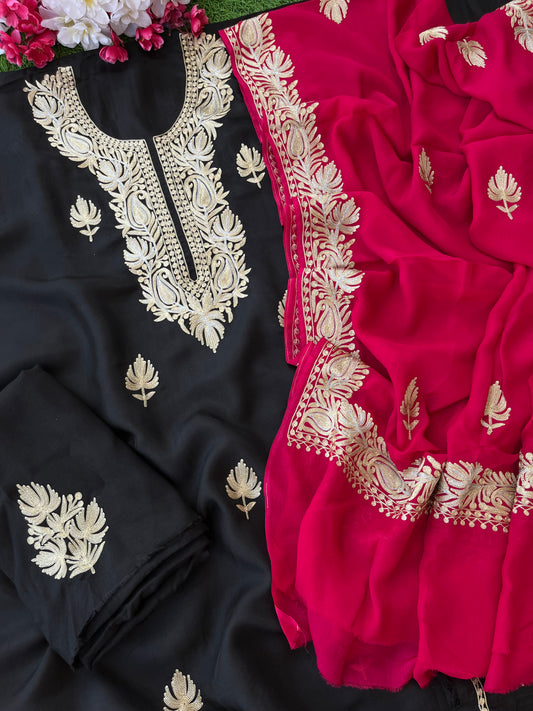 ‘Kalaa’ Black Opada Silk Tilla Embroidered Suit material (On Order )