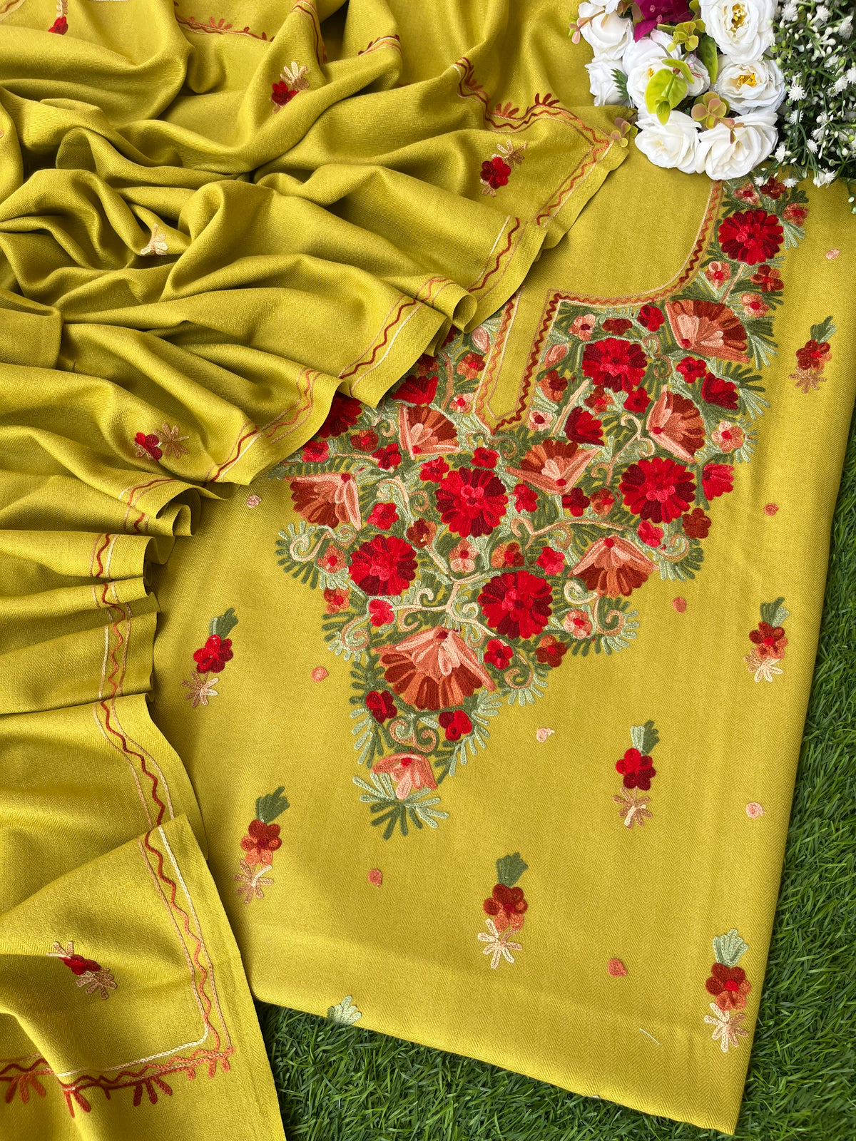 Lime Green Woollen Aari Embroidered 3pc suit
