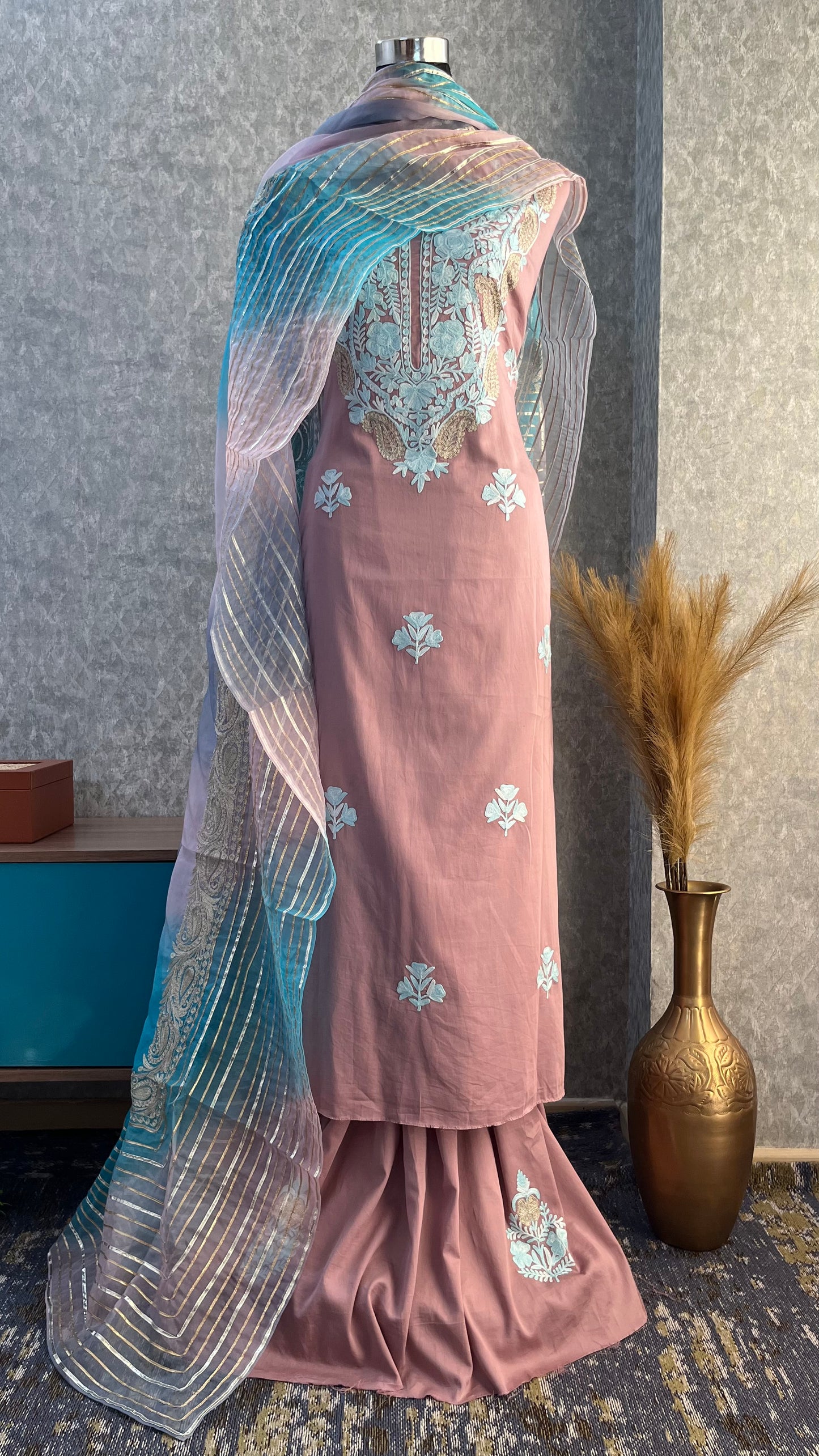 Onion Pink Satin Cotton Kashmiri Suit