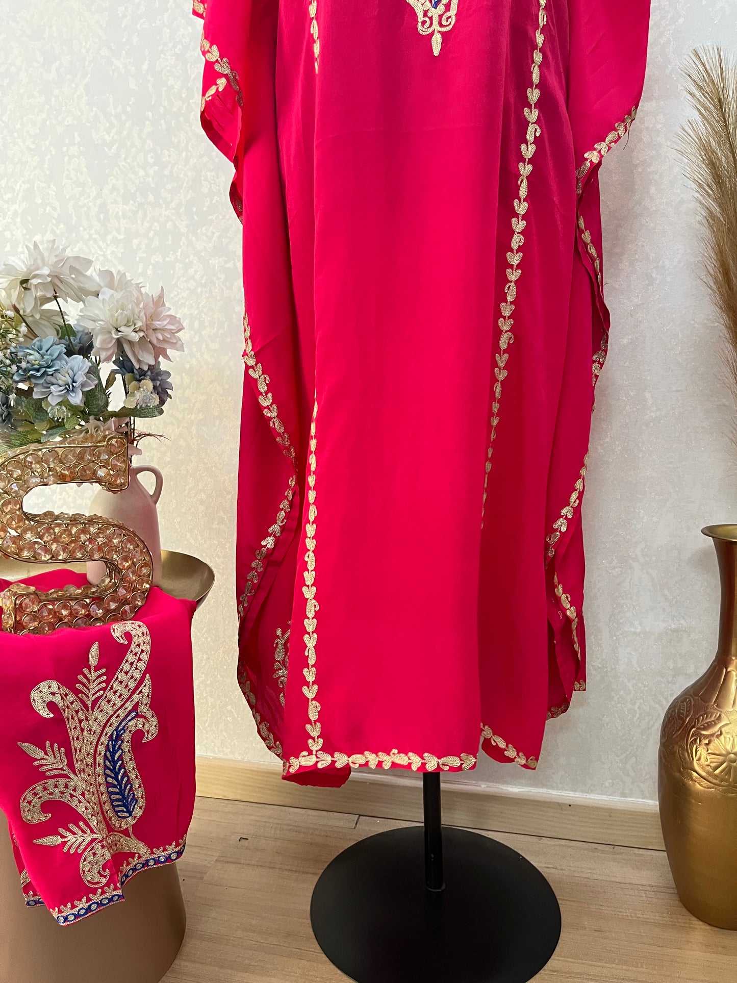 Hot Pink Crape Front Back Kashmiri Kaftan Set