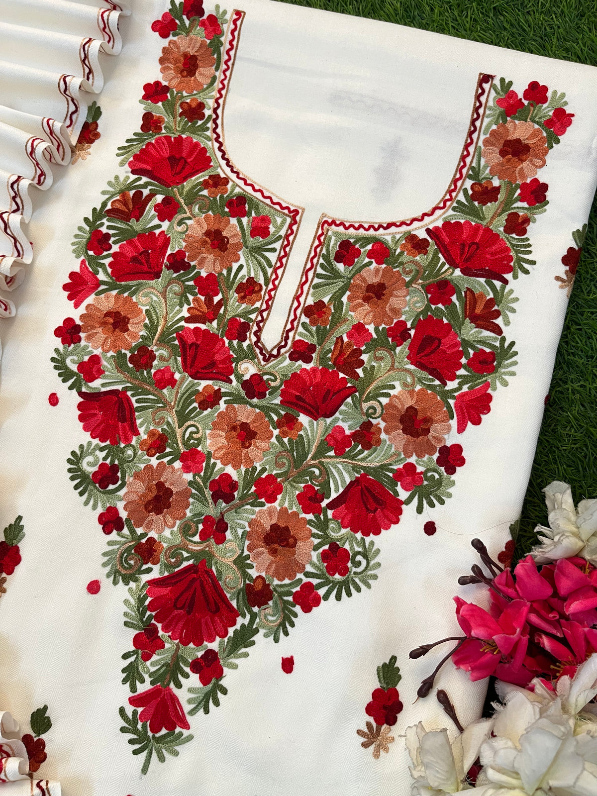 Off White Woollen Aari Embroidered 3pc suit