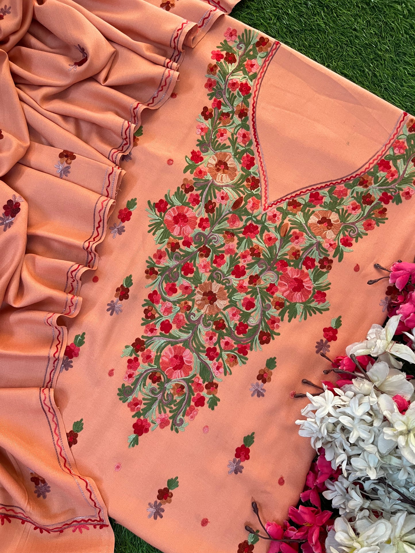 Peach Woollen Aari Embroidered 3pc suit