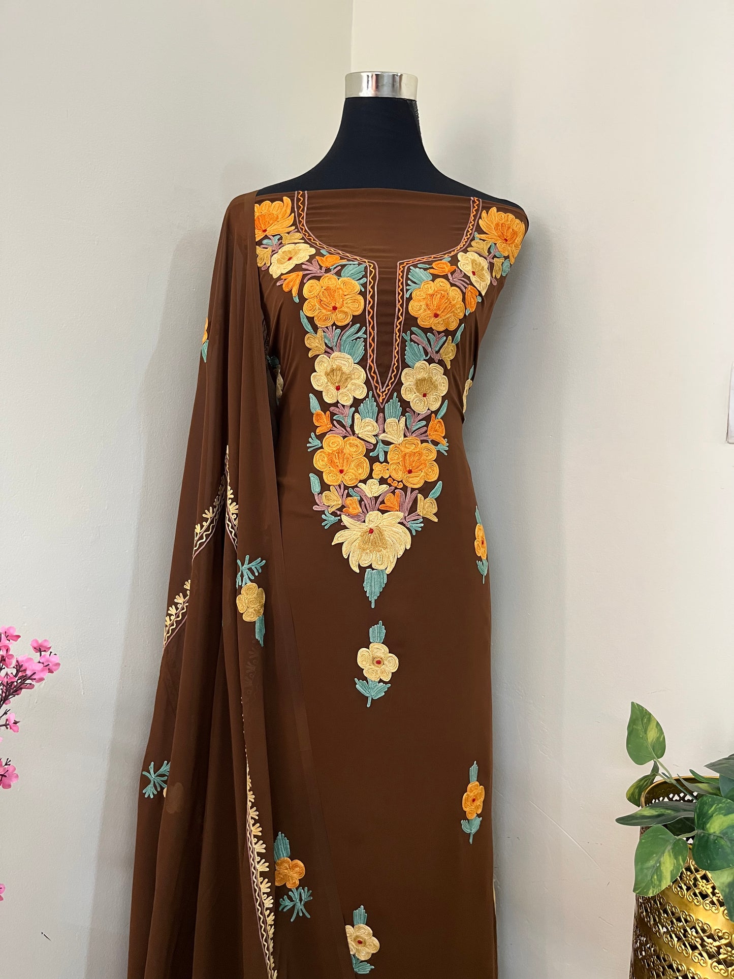 Coffee Georgette  3 Pc Aari Embroidered Suit