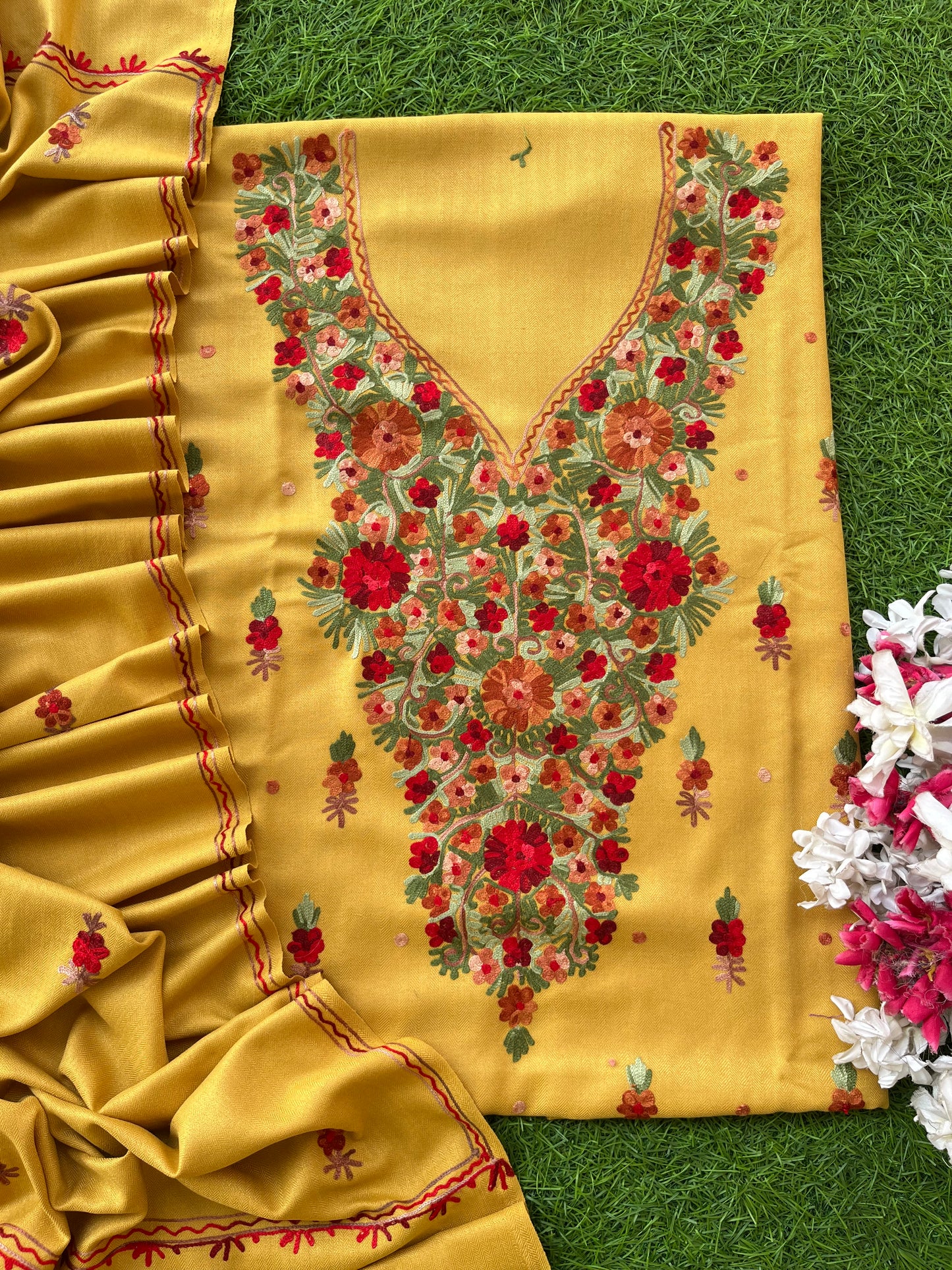 Yellow Woollen Aari Embroidered 3pc suit