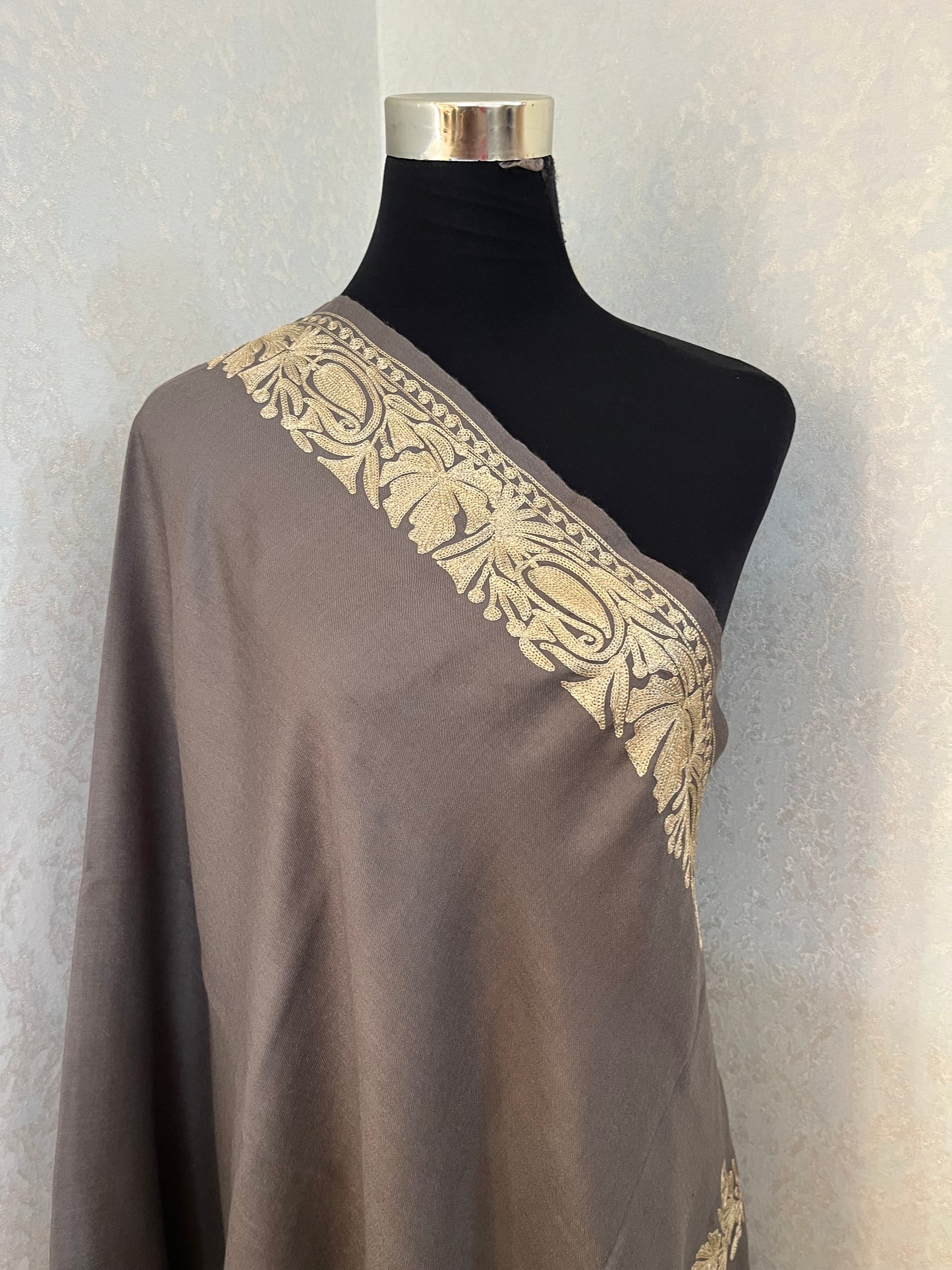 Grey Semi Pashmina Tilla Embroidered stole